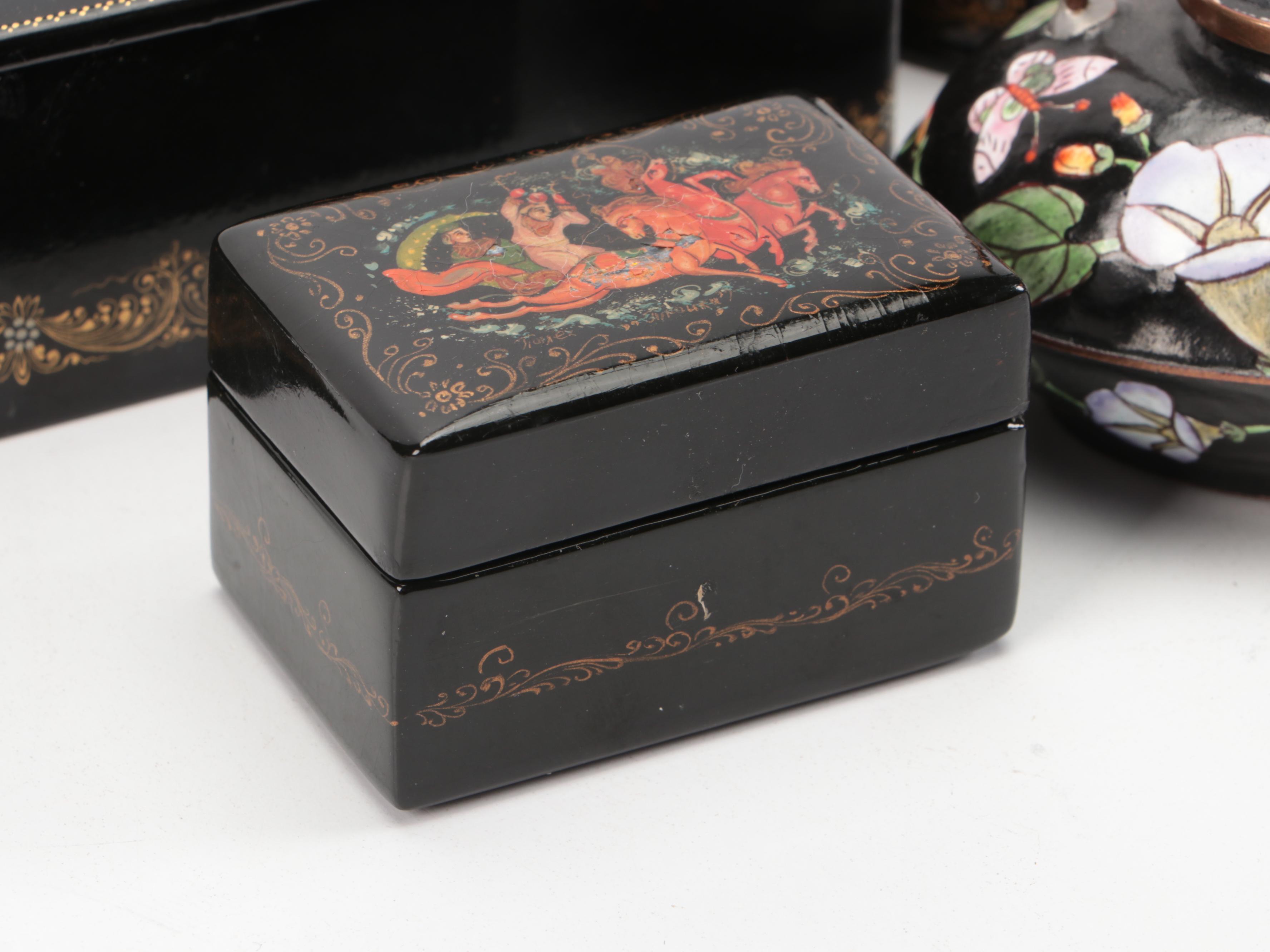 Russian "Princess and The Frog" Porcelain and Other Boxes with Enamel Teapot