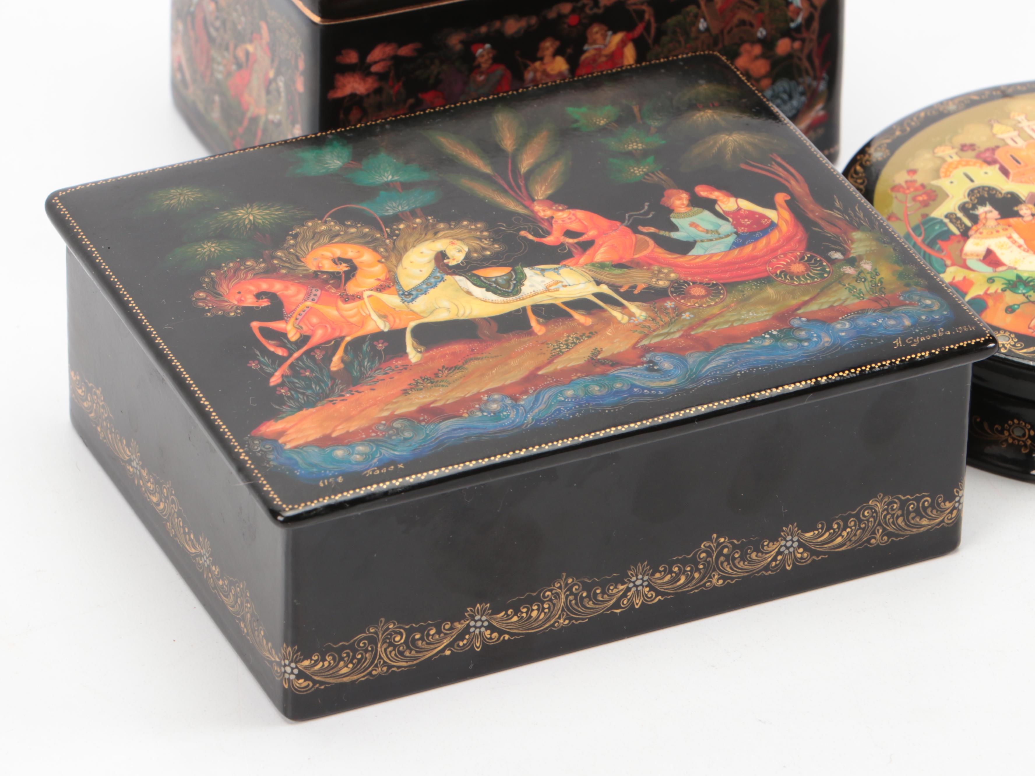 Russian "Princess and The Frog" Porcelain and Other Boxes with Enamel Teapot