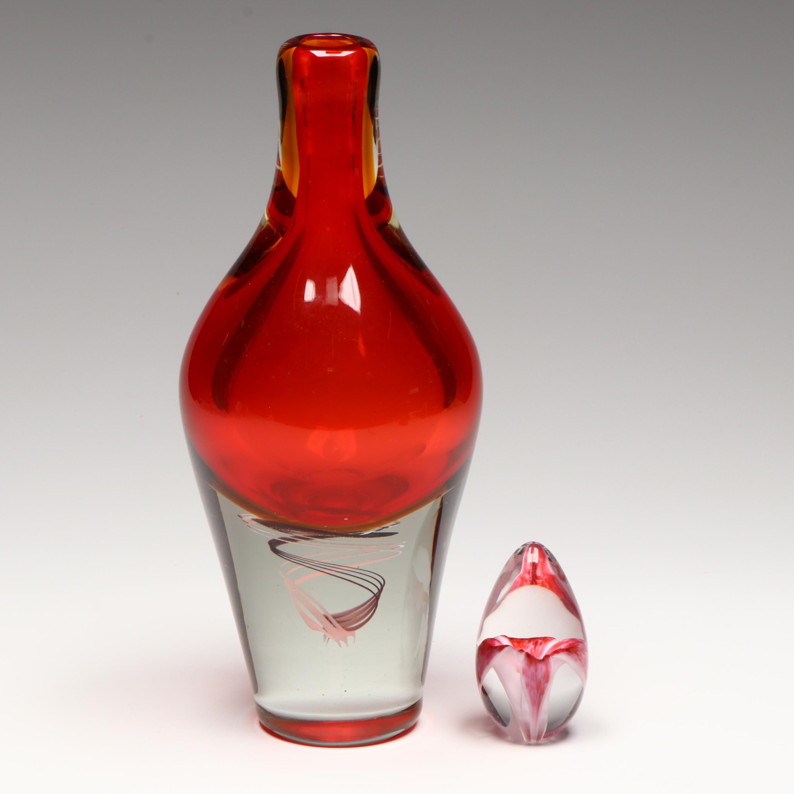 Luciano Gaspari Style Sommerso Blown Glass Vase with Other Art Glass Paperweight