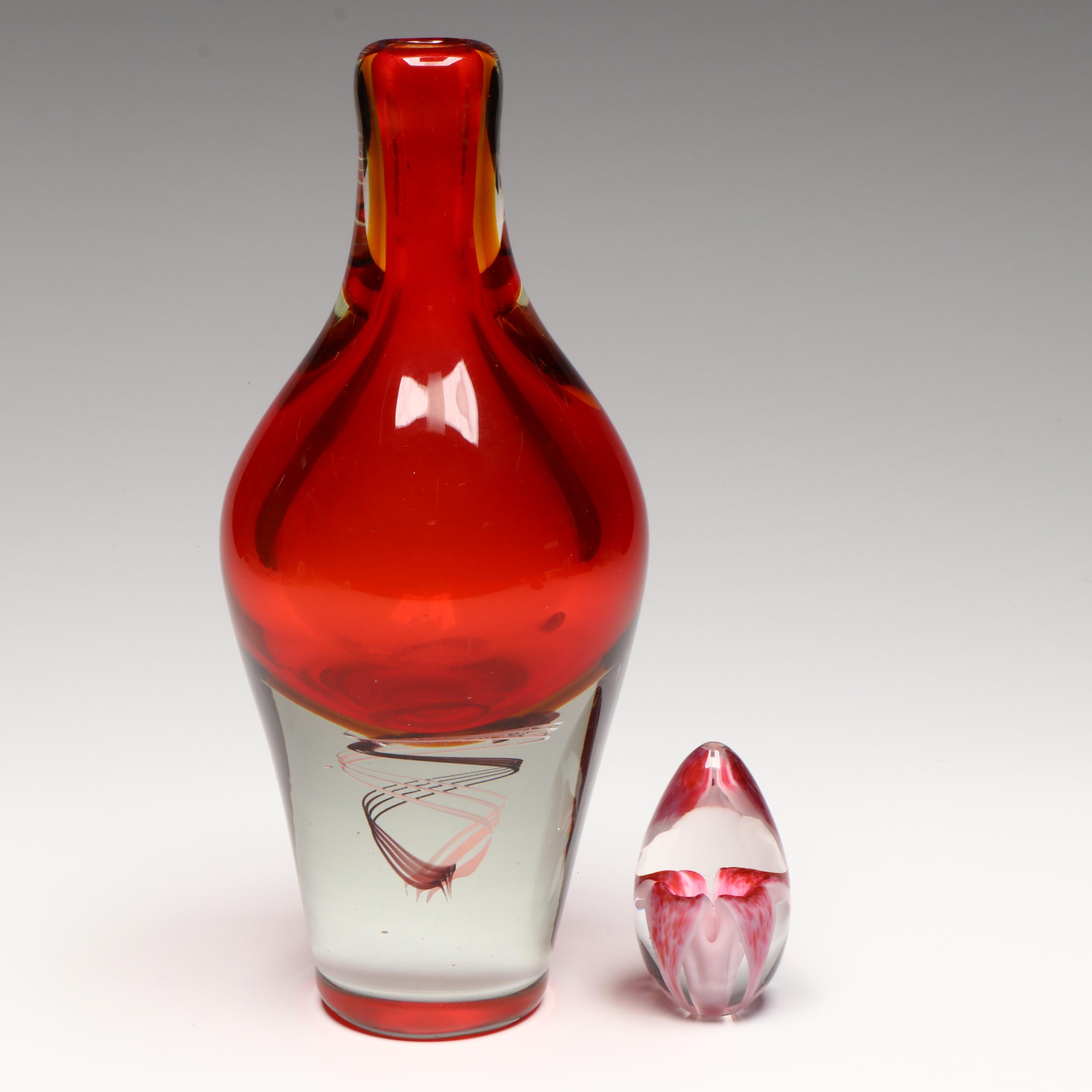 Luciano Gaspari Style Sommerso Blown Glass Vase with Other Art Glass Paperweight