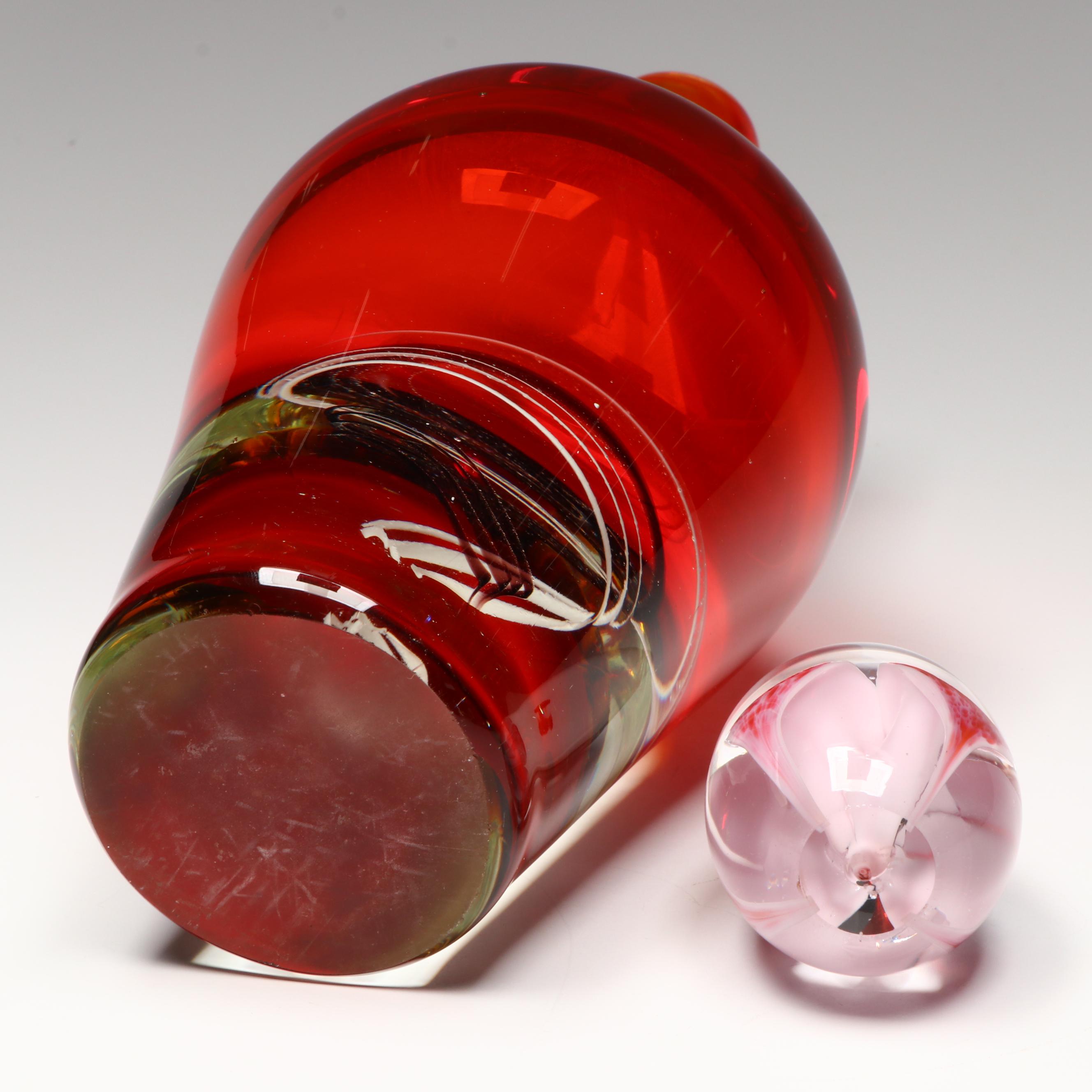 Luciano Gaspari Style Sommerso Blown Glass Vase with Other Art Glass Paperweight