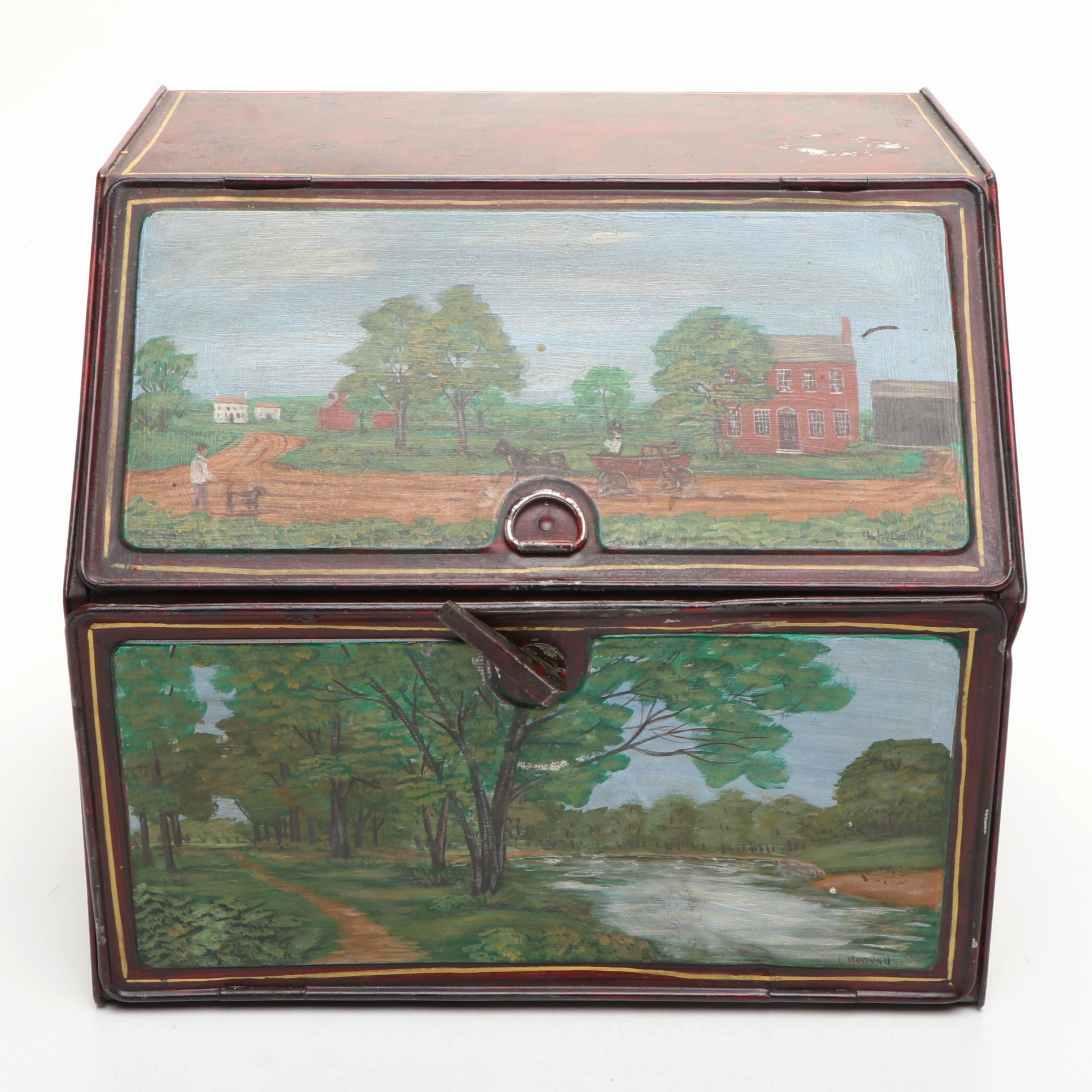 Americana Folk Art Hand-Painted and Signed Landscape Metal Hinged Breadbox