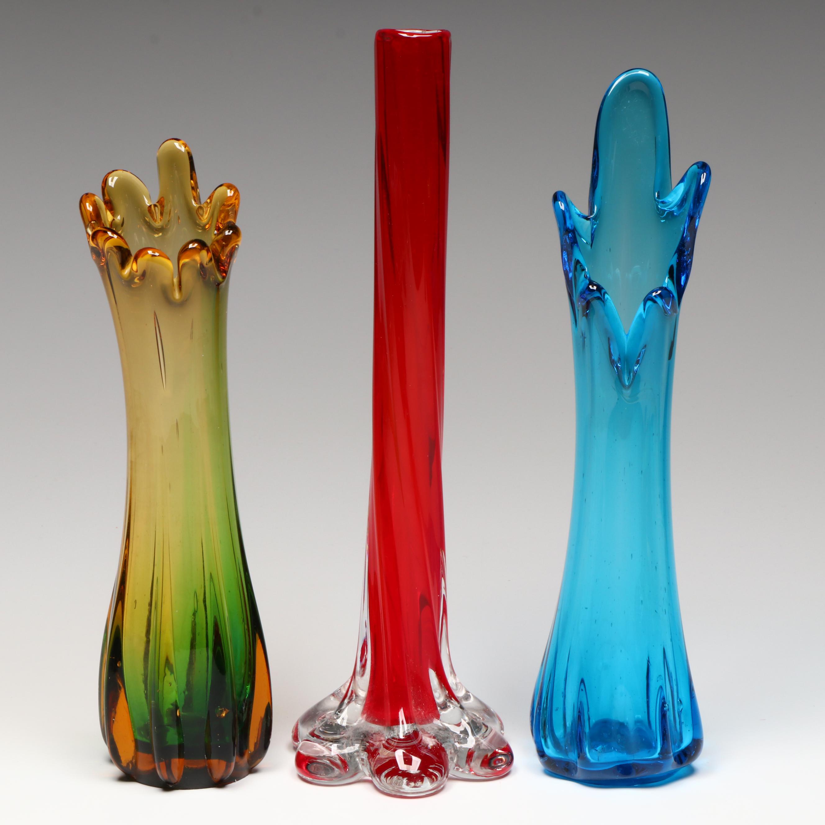 Mid Century Modern Swung Glass Vases with Cased Red Bud Vase