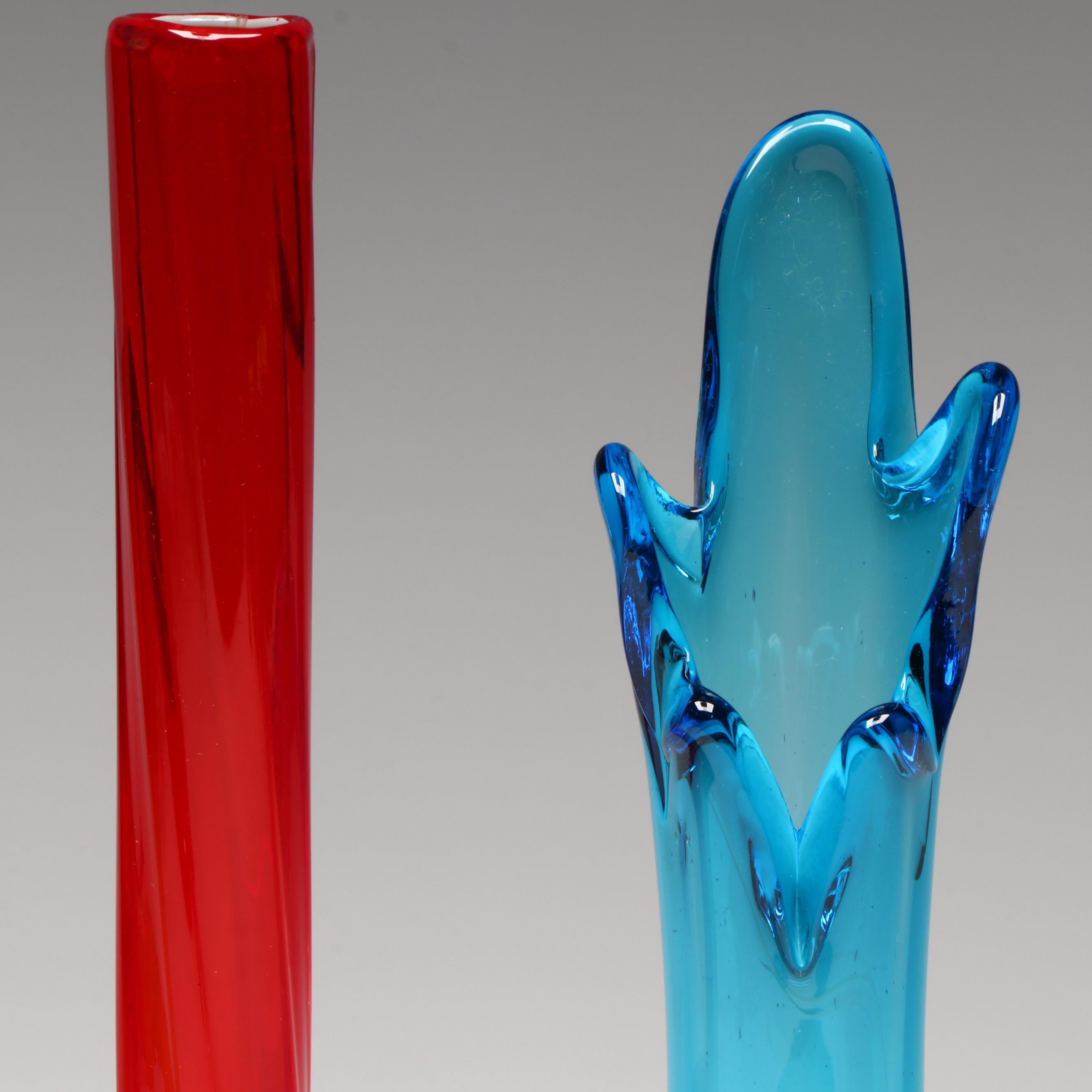 Mid Century Modern Swung Glass Vases with Cased Red Bud Vase