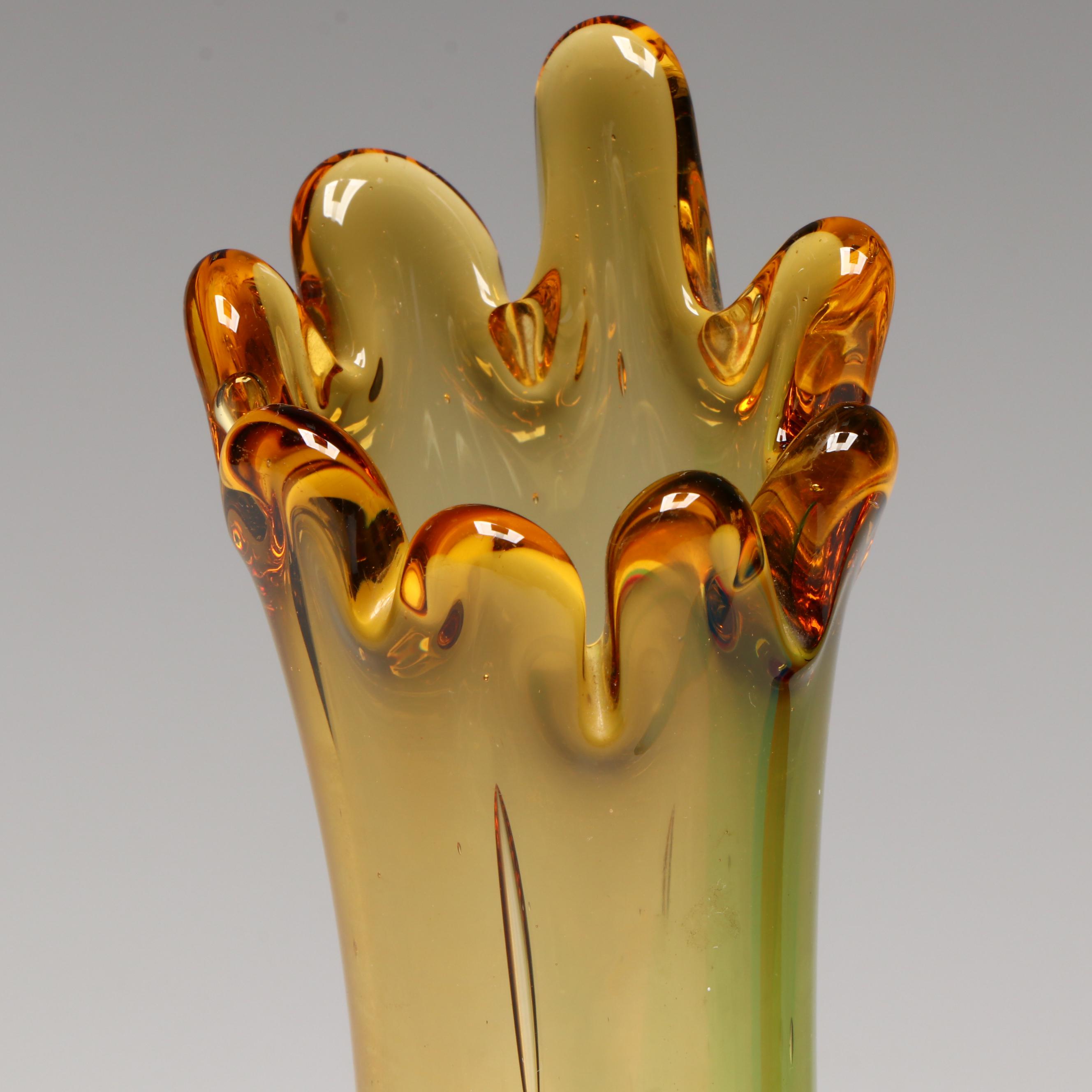 Mid Century Modern Swung Glass Vases with Cased Red Bud Vase