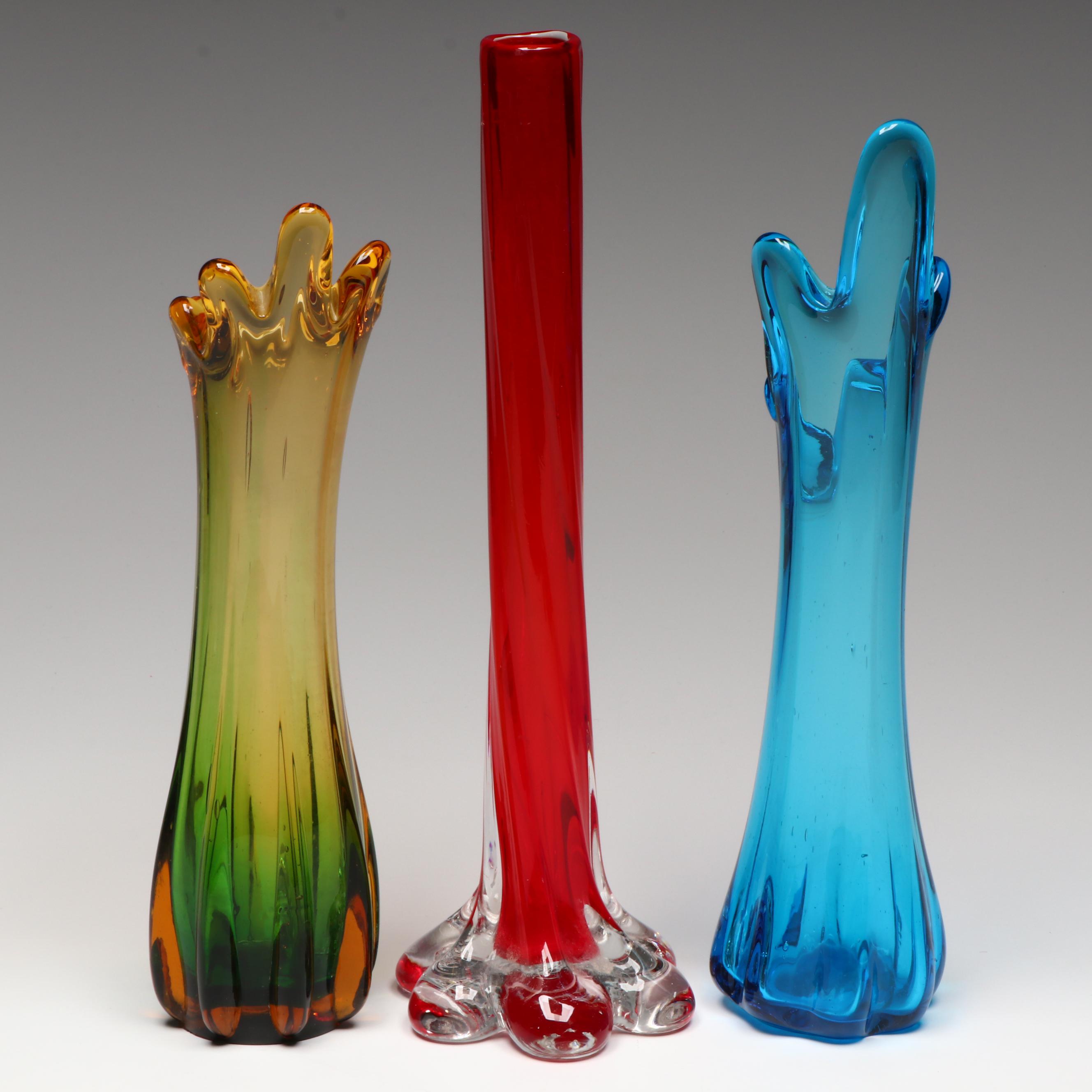 Mid Century Modern Swung Glass Vases with Cased Red Bud Vase