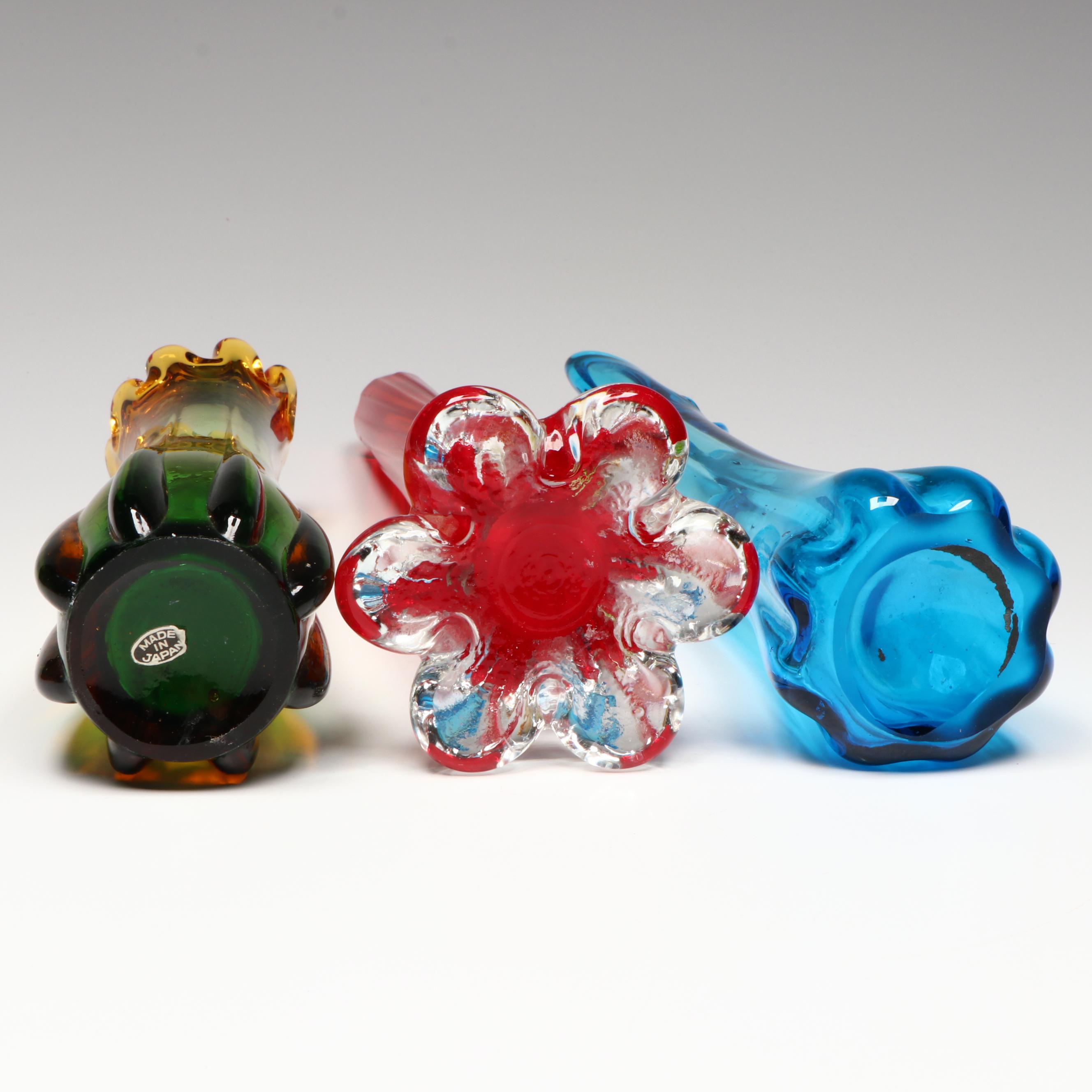 Mid Century Modern Swung Glass Vases with Cased Red Bud Vase