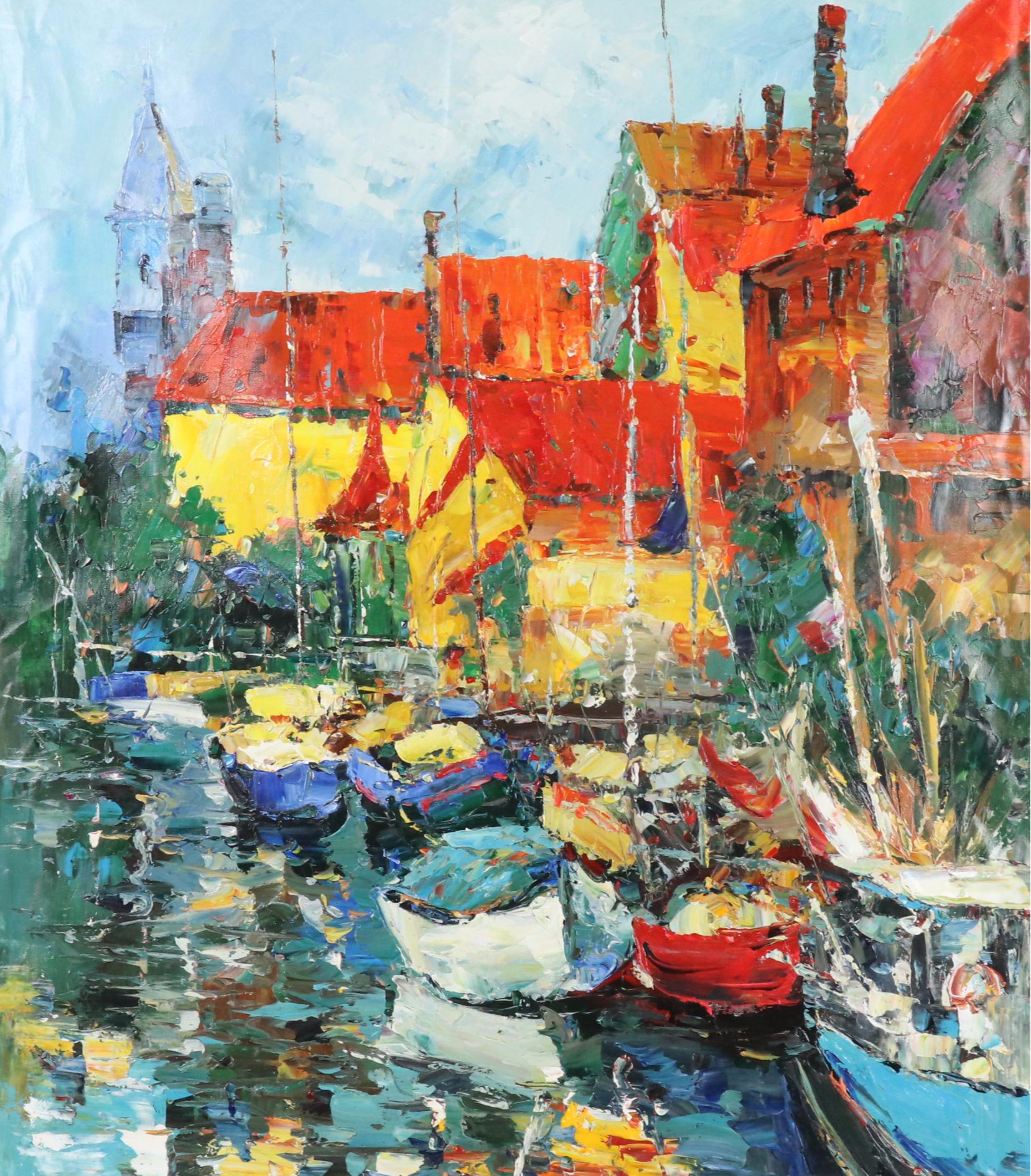 Ping Impressionist Style Impasto Oil Painting of Harbor Scene, 21st Century