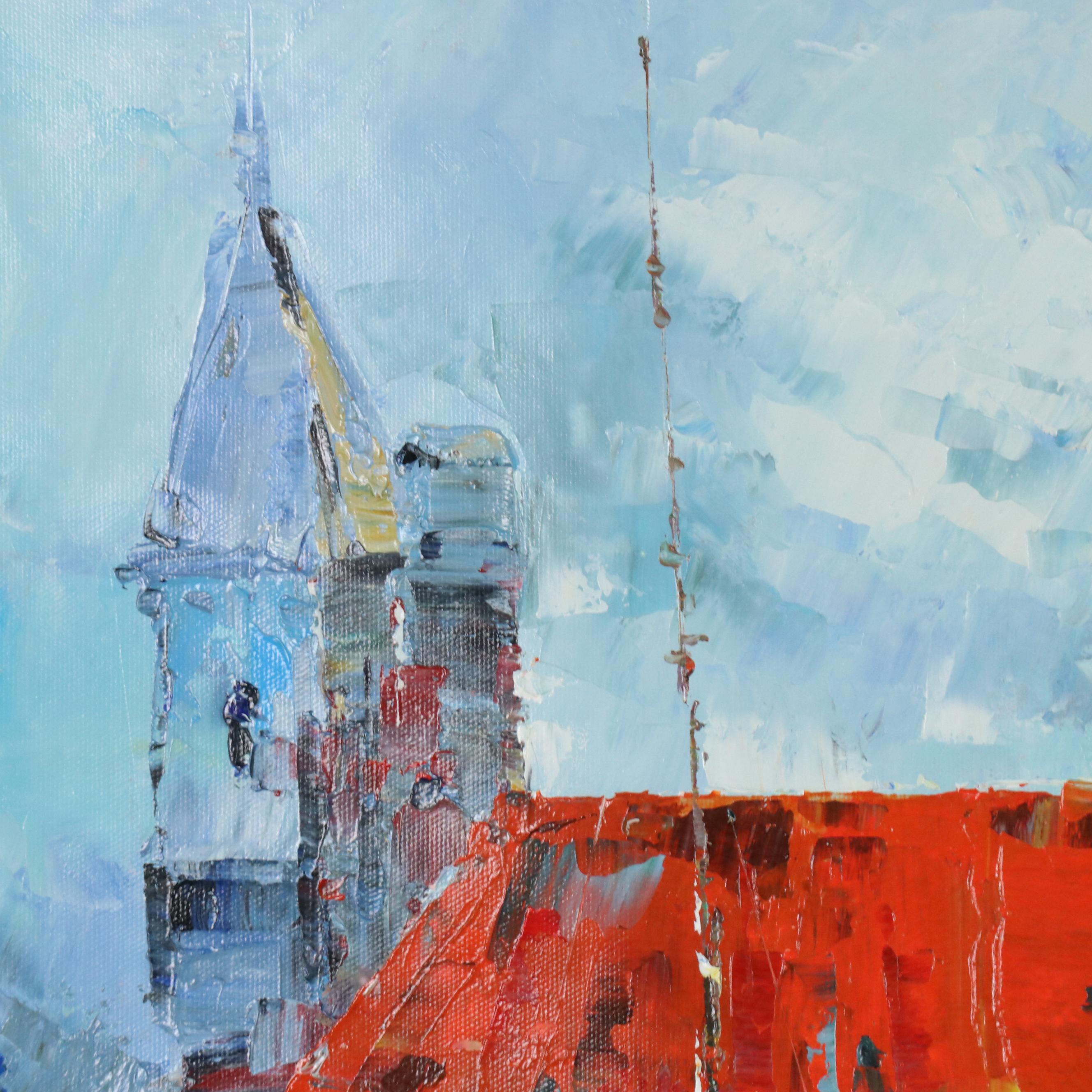 Ping Impressionist Style Impasto Oil Painting of Harbor Scene, 21st Century