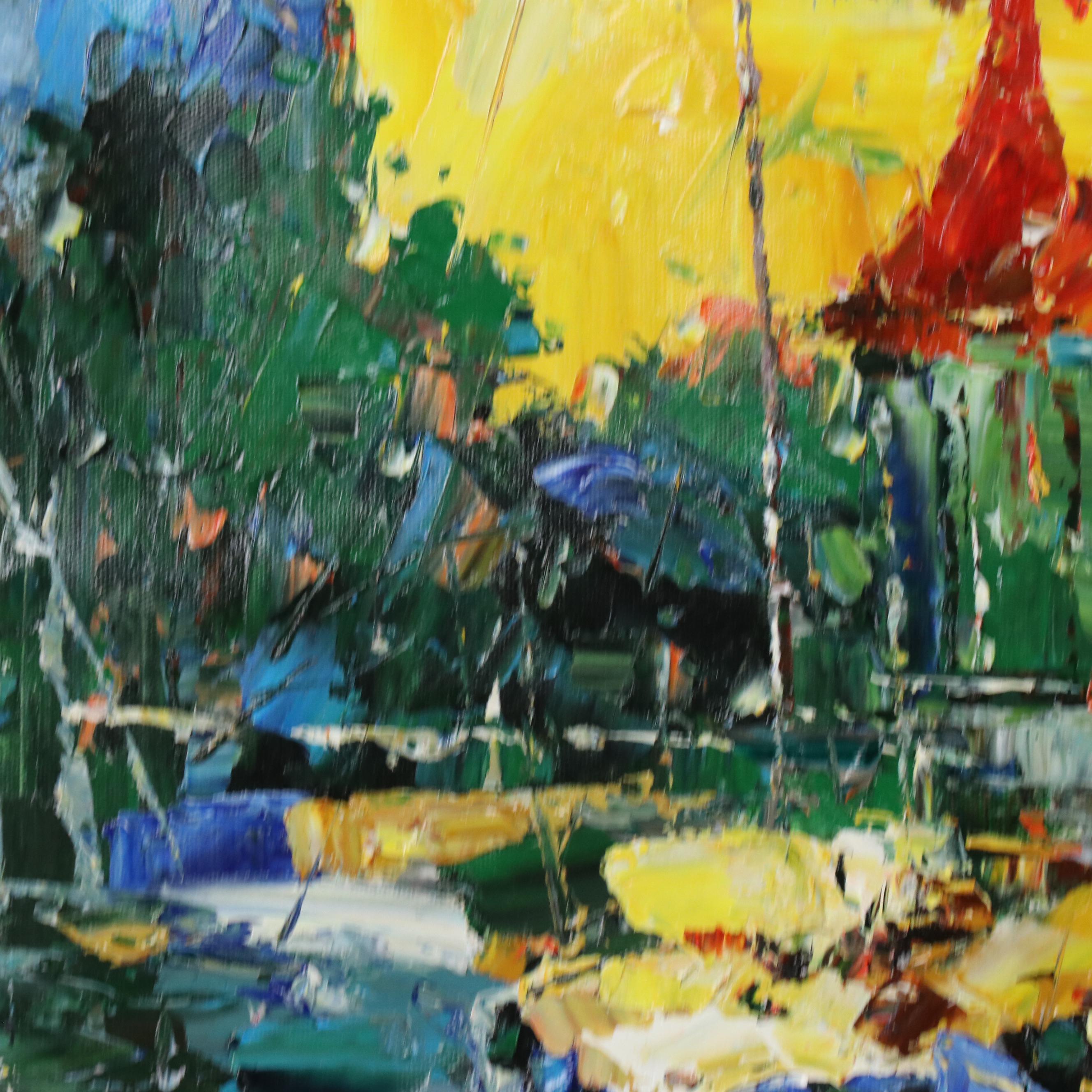 Ping Impressionist Style Impasto Oil Painting of Harbor Scene, 21st Century