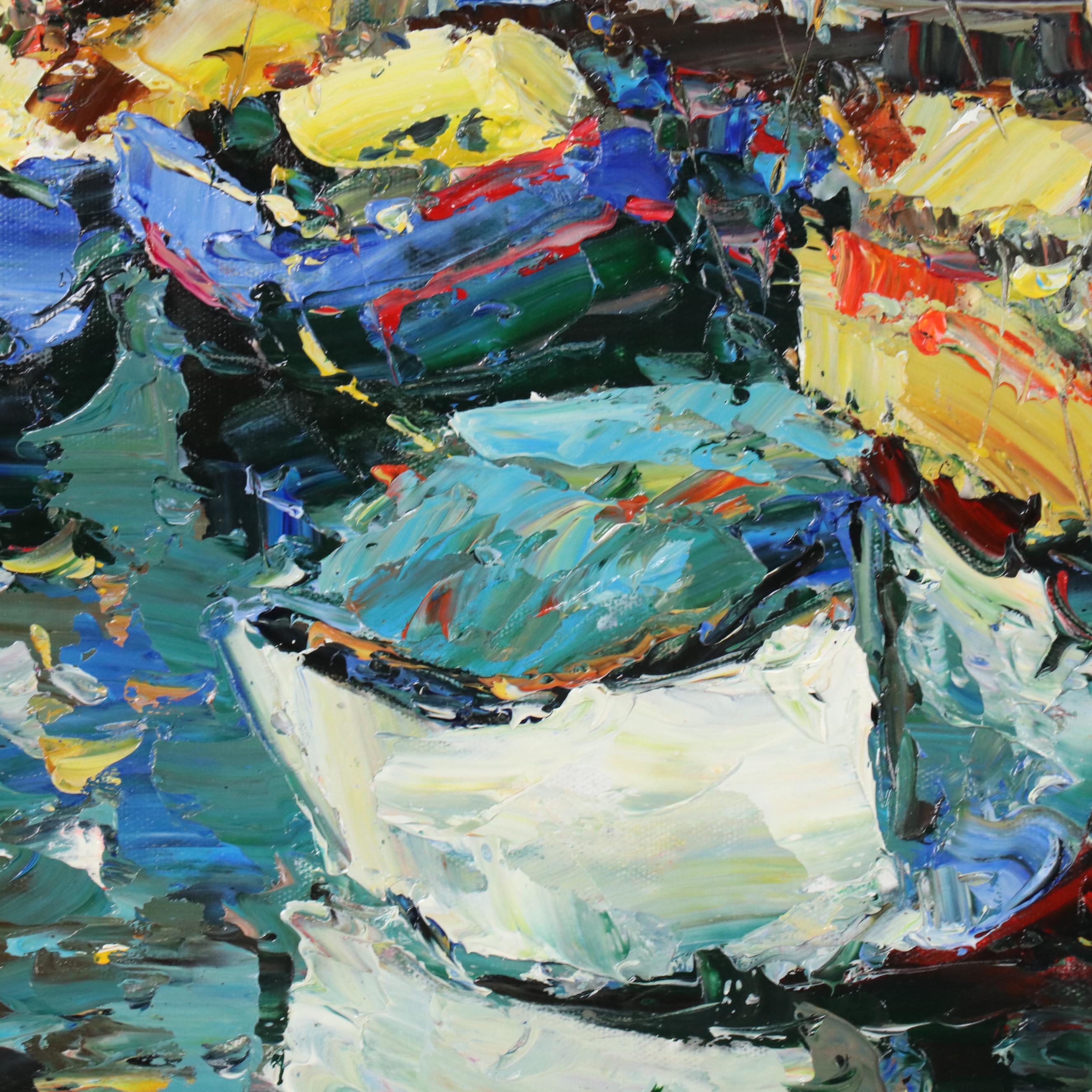 Ping Impressionist Style Impasto Oil Painting of Harbor Scene, 21st Century