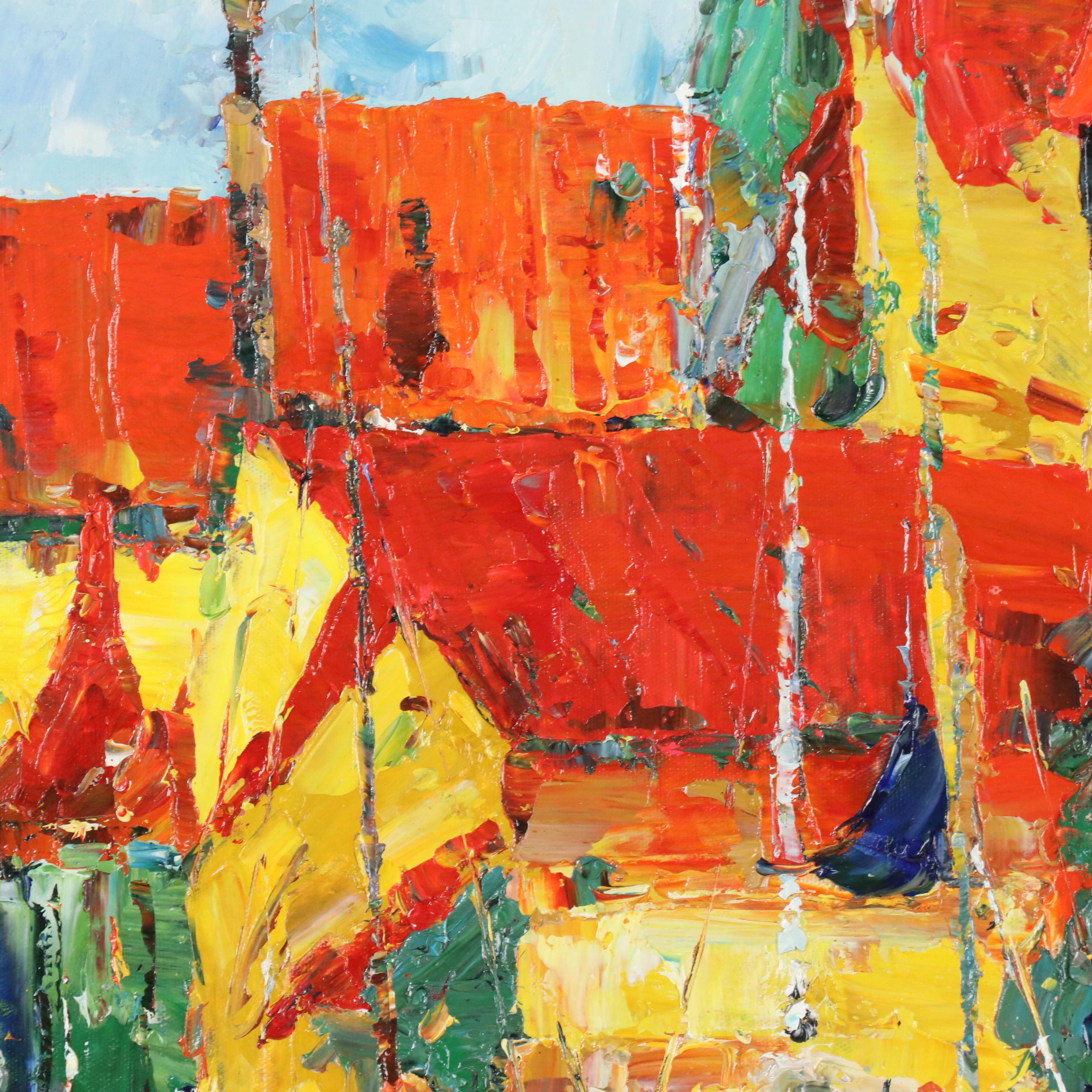 Ping Impressionist Style Impasto Oil Painting of Harbor Scene, 21st Century