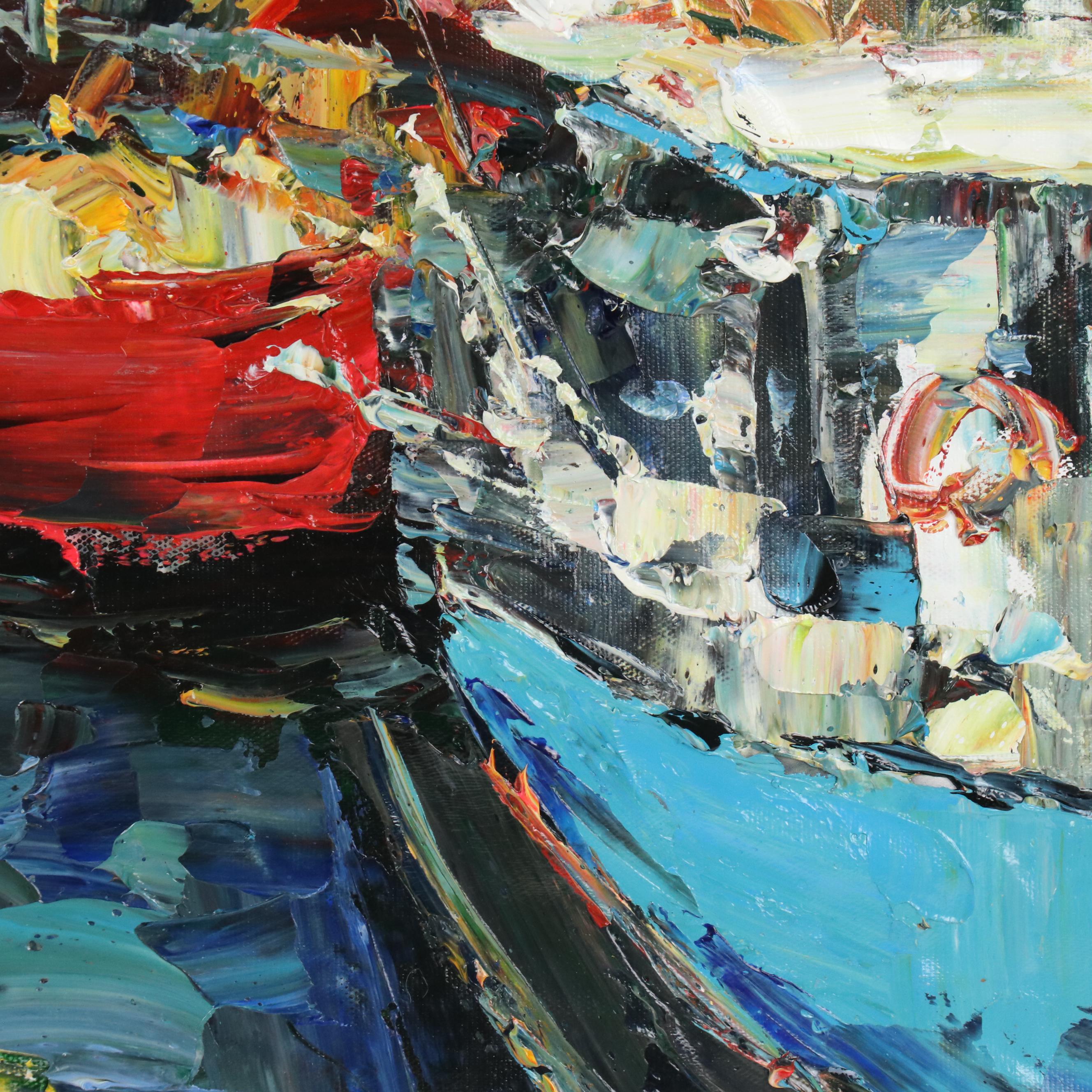 Ping Impressionist Style Impasto Oil Painting of Harbor Scene, 21st Century