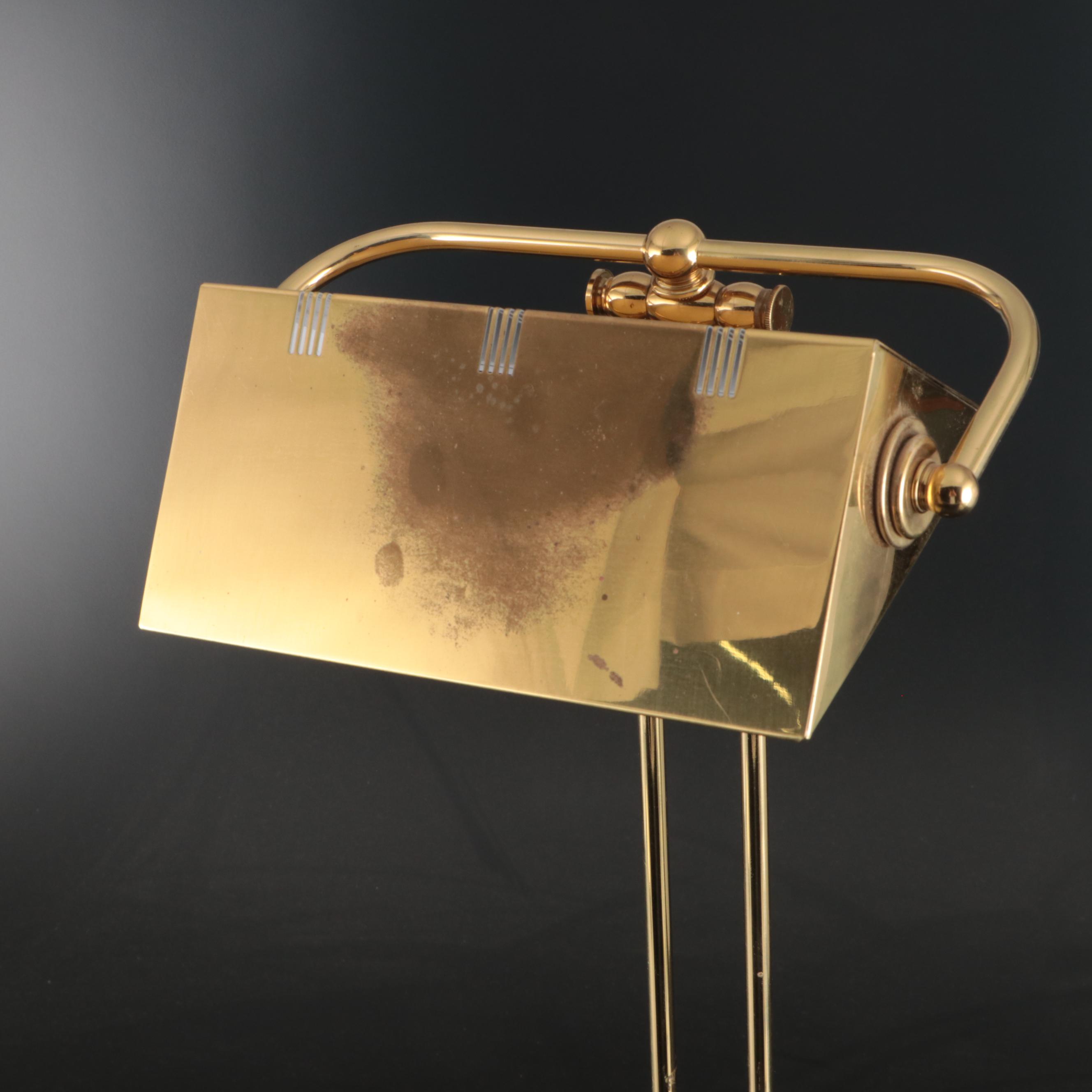 Brass Banker Style Desk Lamp with Adjustable Ruffled Glass Shade Accent Lamp