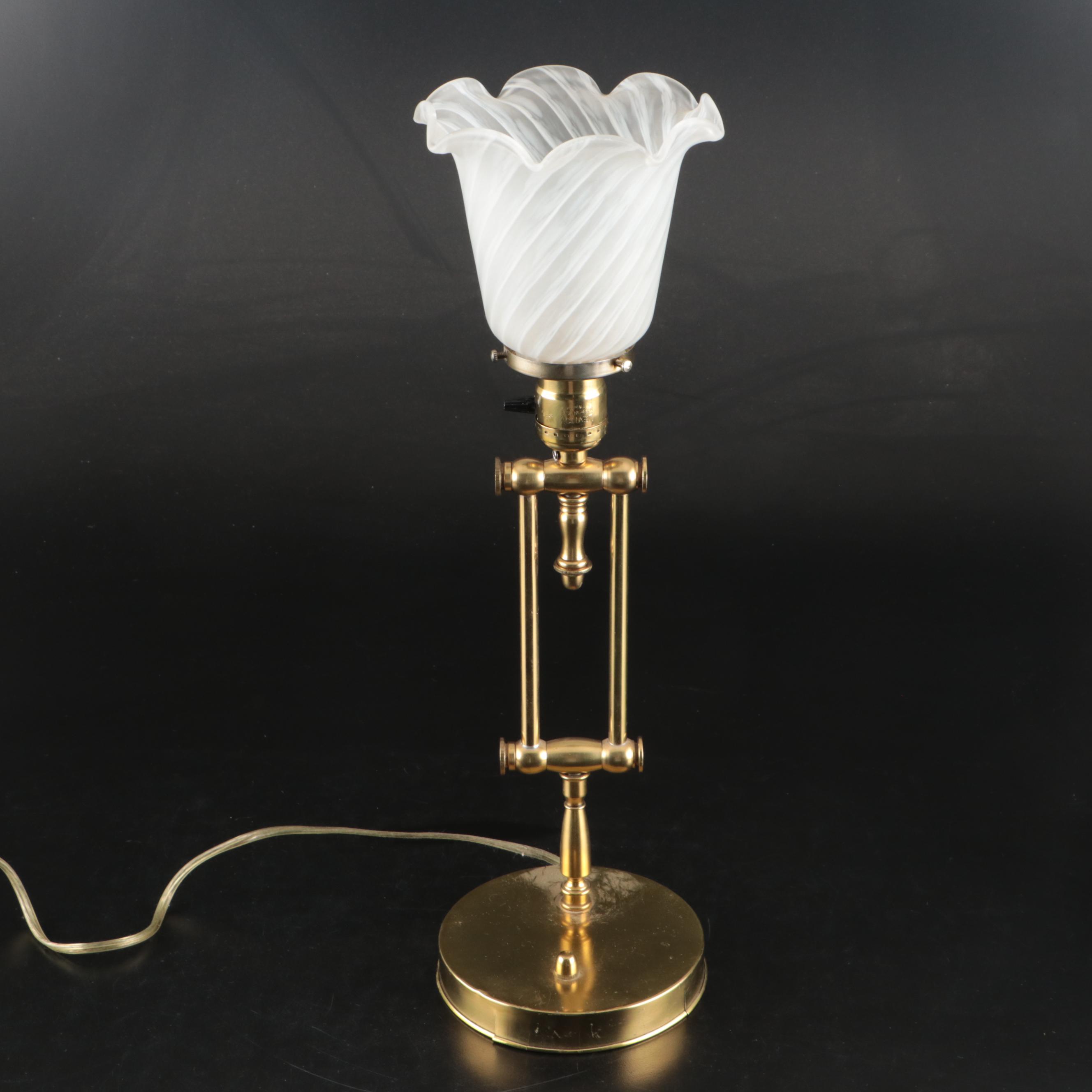 Brass Banker Style Desk Lamp with Adjustable Ruffled Glass Shade Accent Lamp