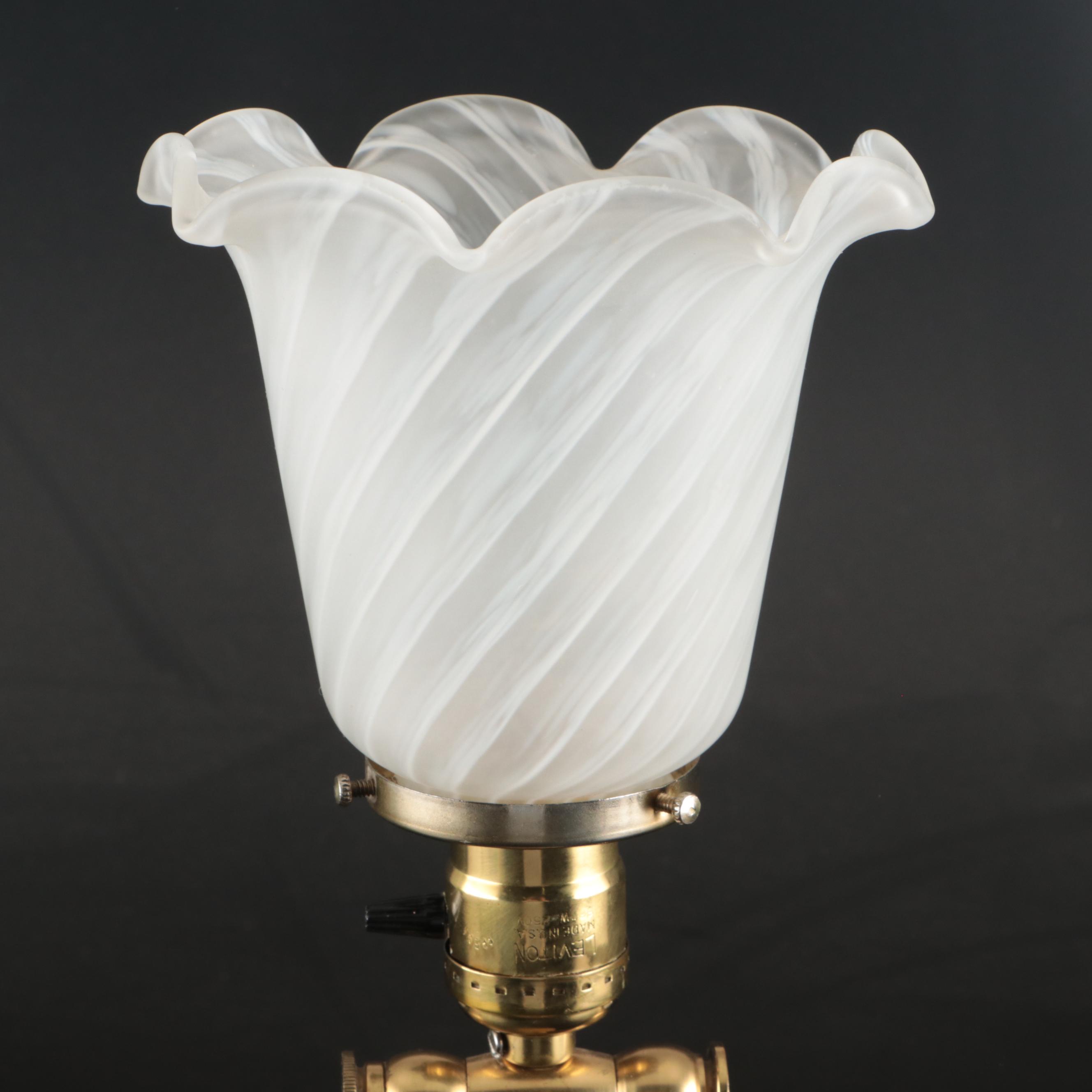 Brass Banker Style Desk Lamp with Adjustable Ruffled Glass Shade Accent Lamp