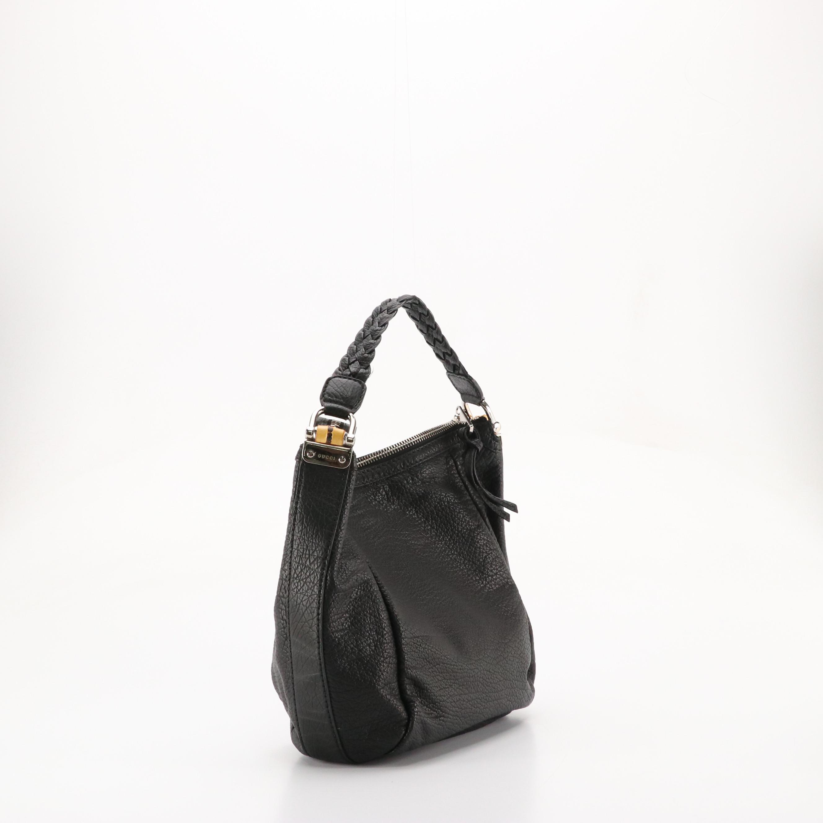 Gucci Bamboo Accent Hobo Bag in Black Grained Leather with Braided Strap