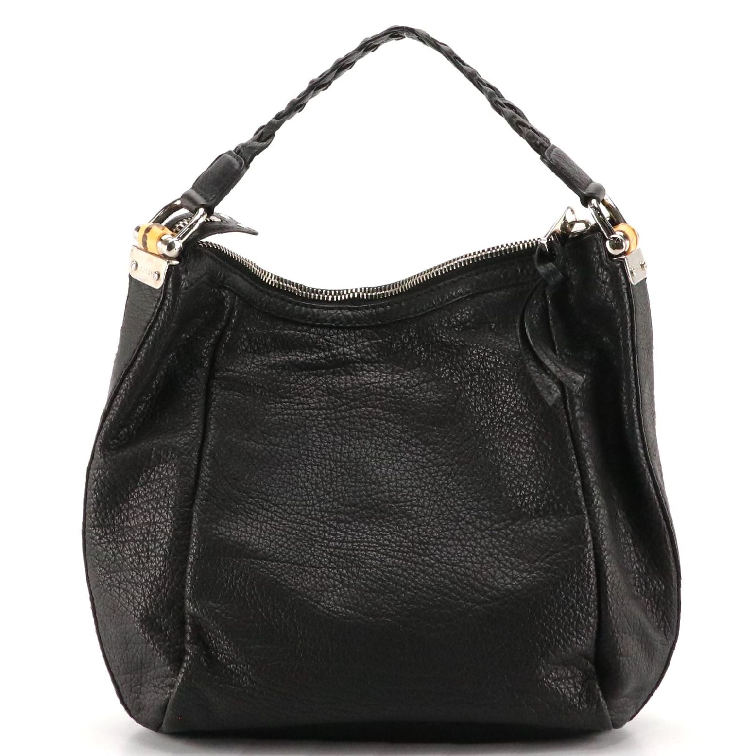 Gucci Bamboo Accent Hobo Bag in Black Grained Leather with Braided Strap