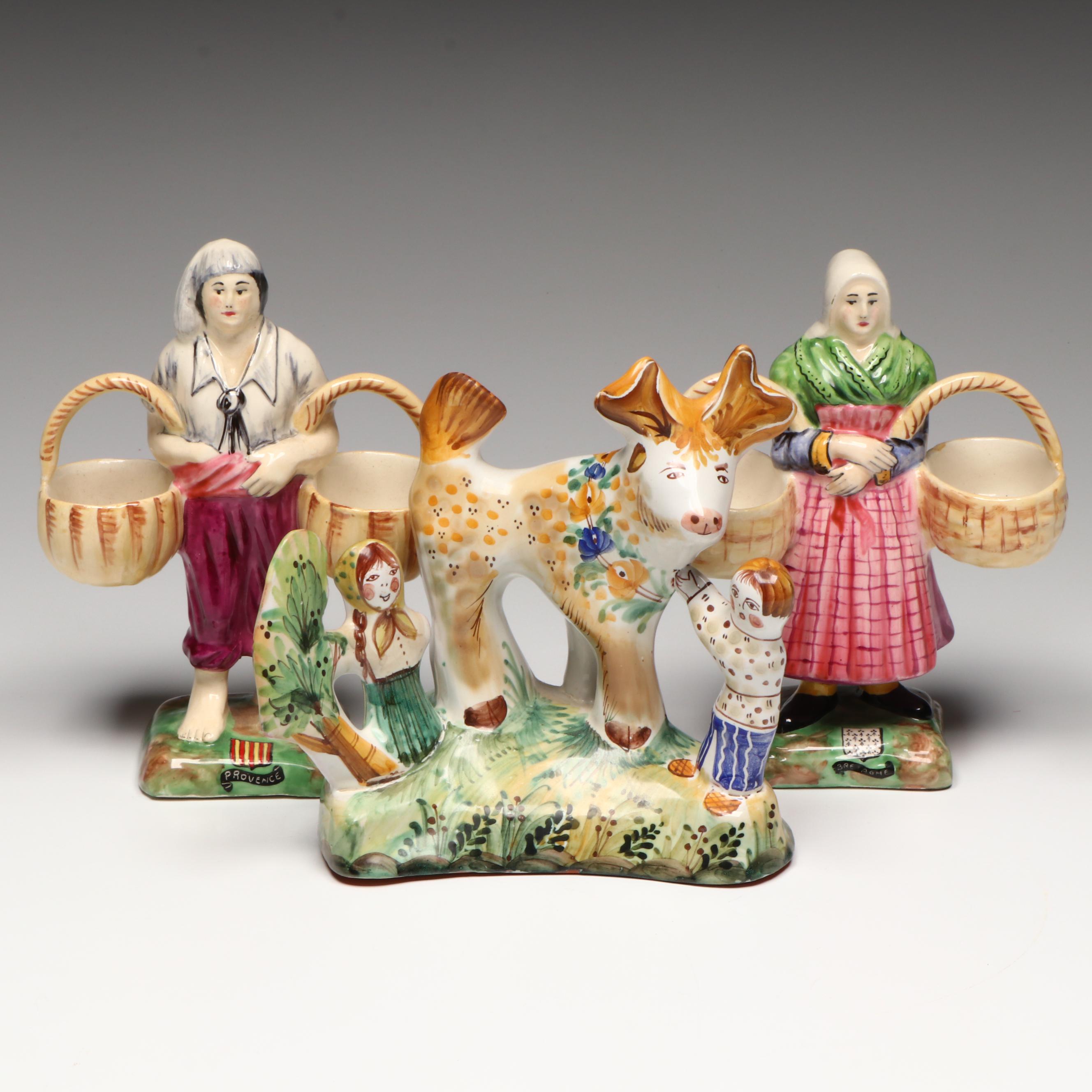 French Souvenir Faience Peasants Carrying Baskets with Other Majolica Figurine
