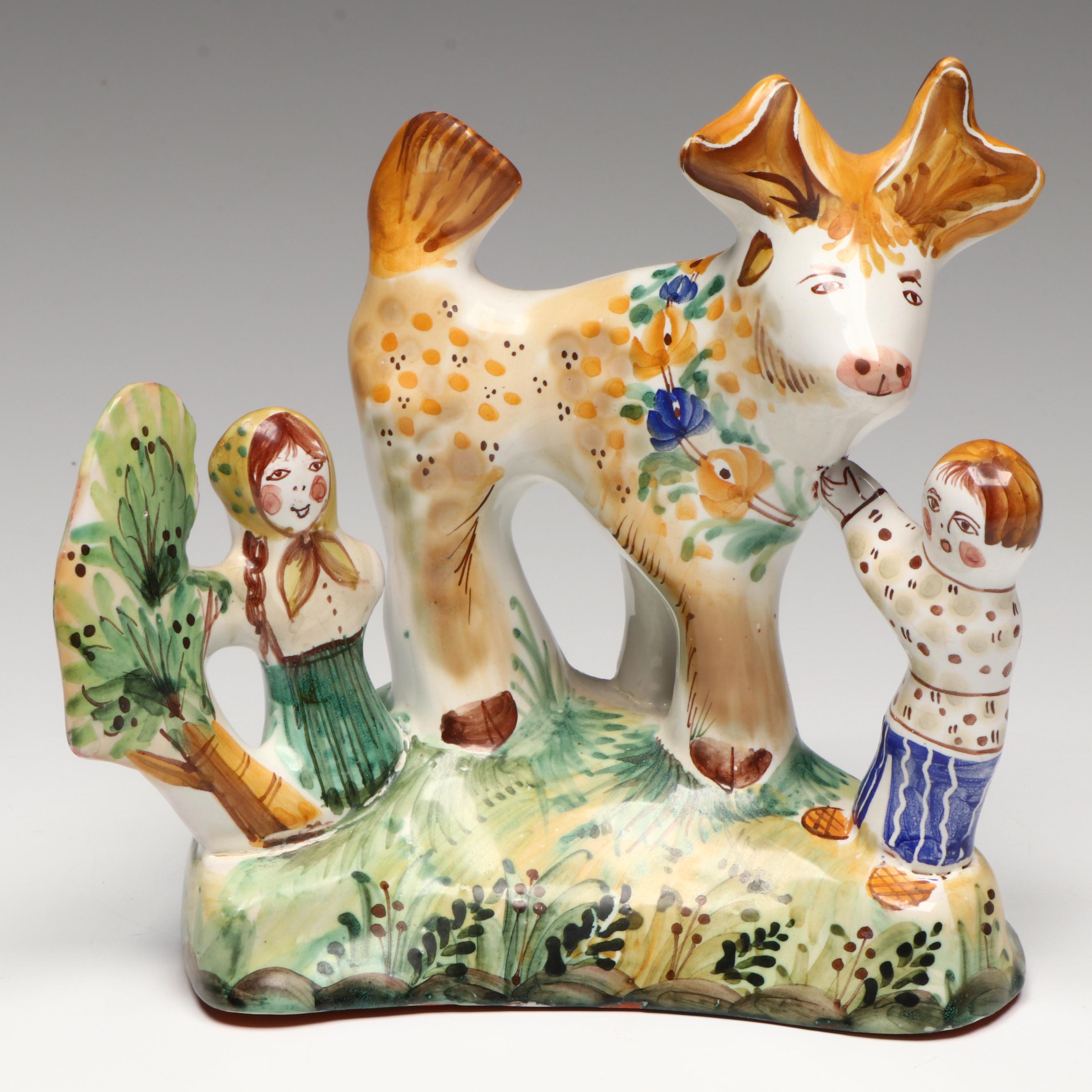 French Souvenir Faience Peasants Carrying Baskets with Other Majolica Figurine