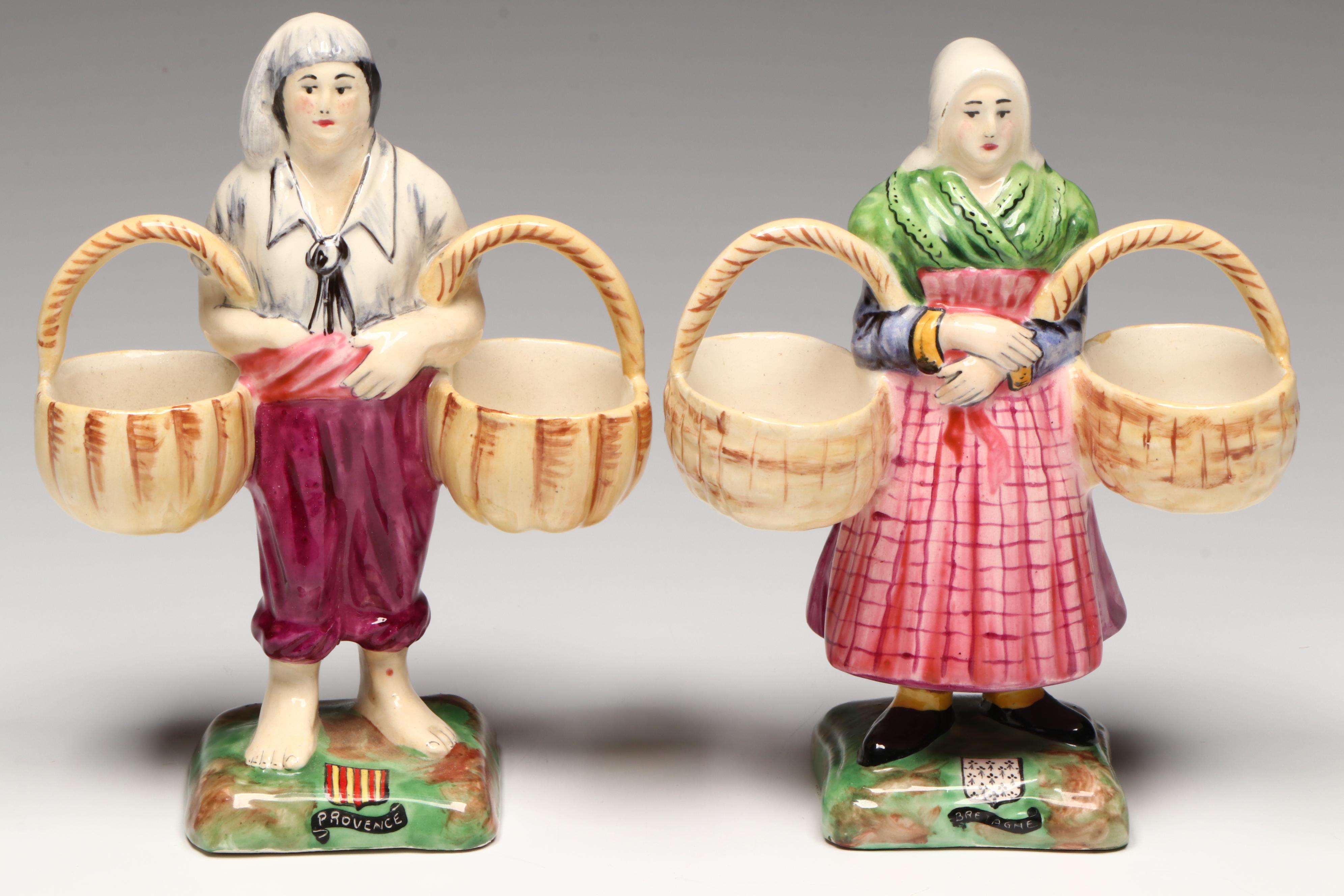 French Souvenir Faience Peasants Carrying Baskets with Other Majolica Figurine