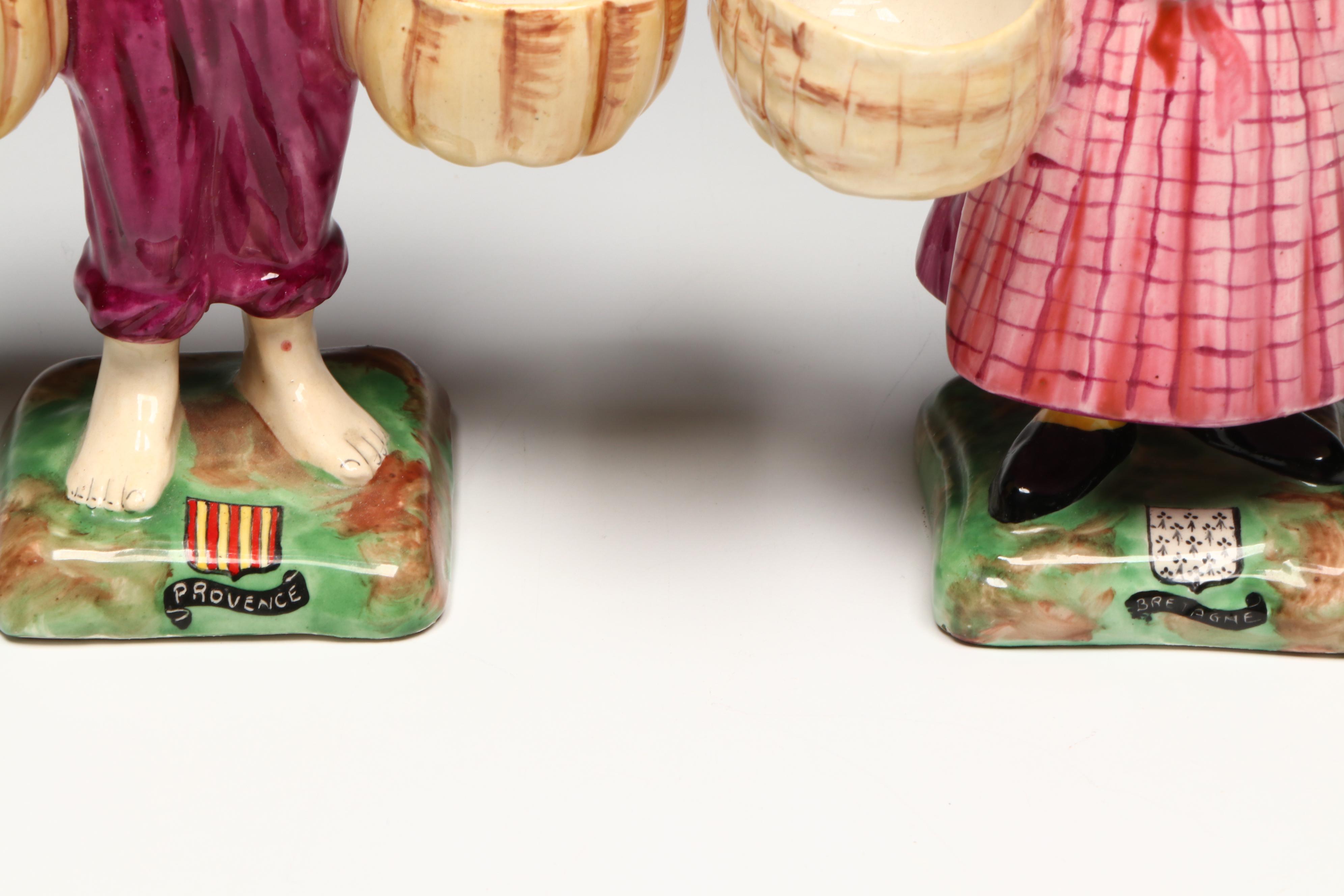 French Souvenir Faience Peasants Carrying Baskets with Other Majolica Figurine