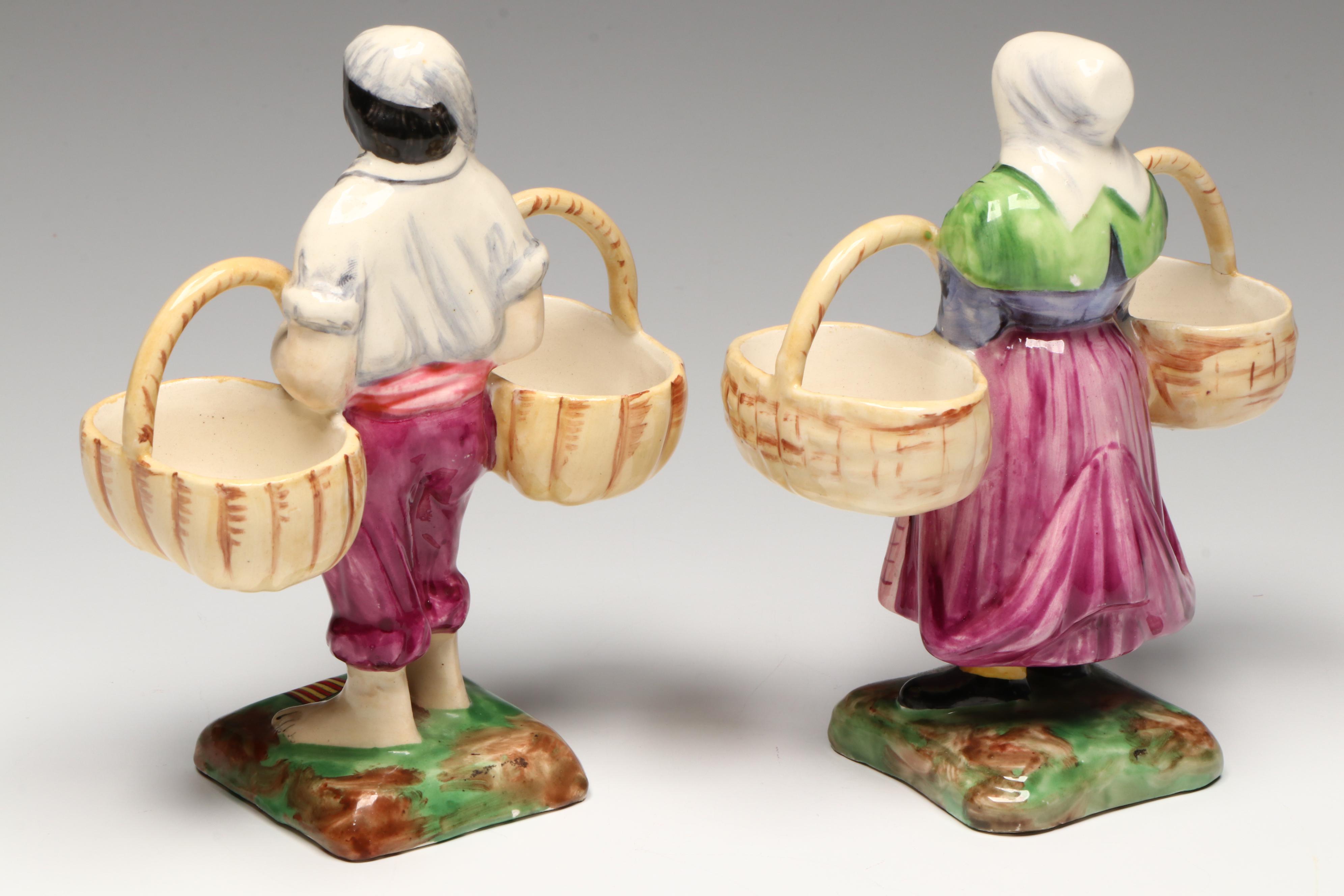 French Souvenir Faience Peasants Carrying Baskets with Other Majolica Figurine