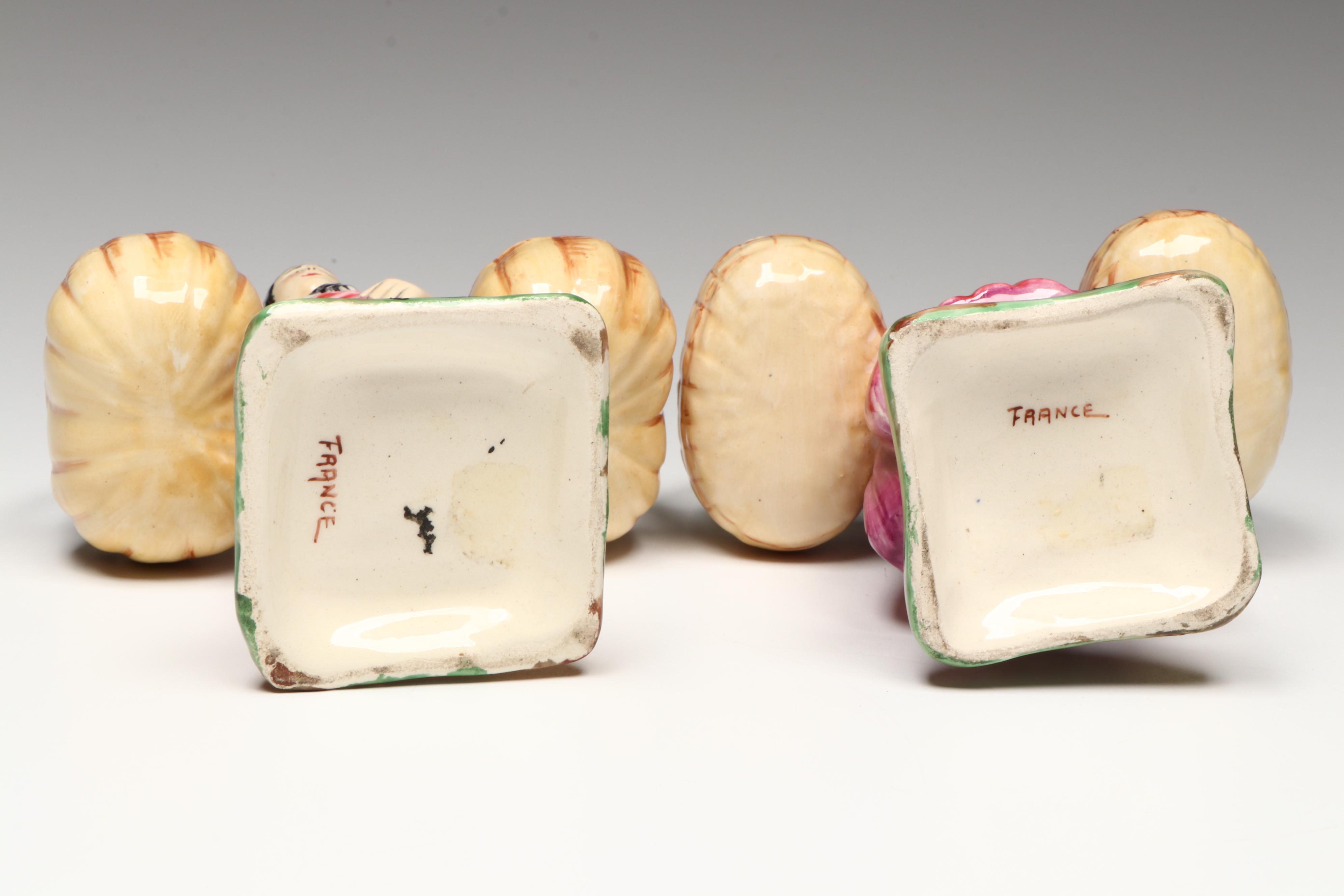 French Souvenir Faience Peasants Carrying Baskets with Other Majolica Figurine