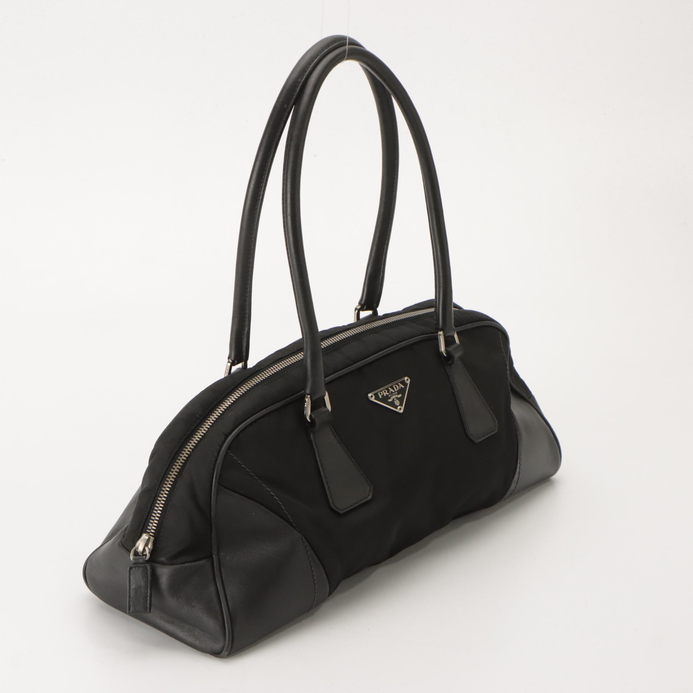 Prada Bowler Shoulder Bag in Black Tessuto Nylon and Black Leather Trim