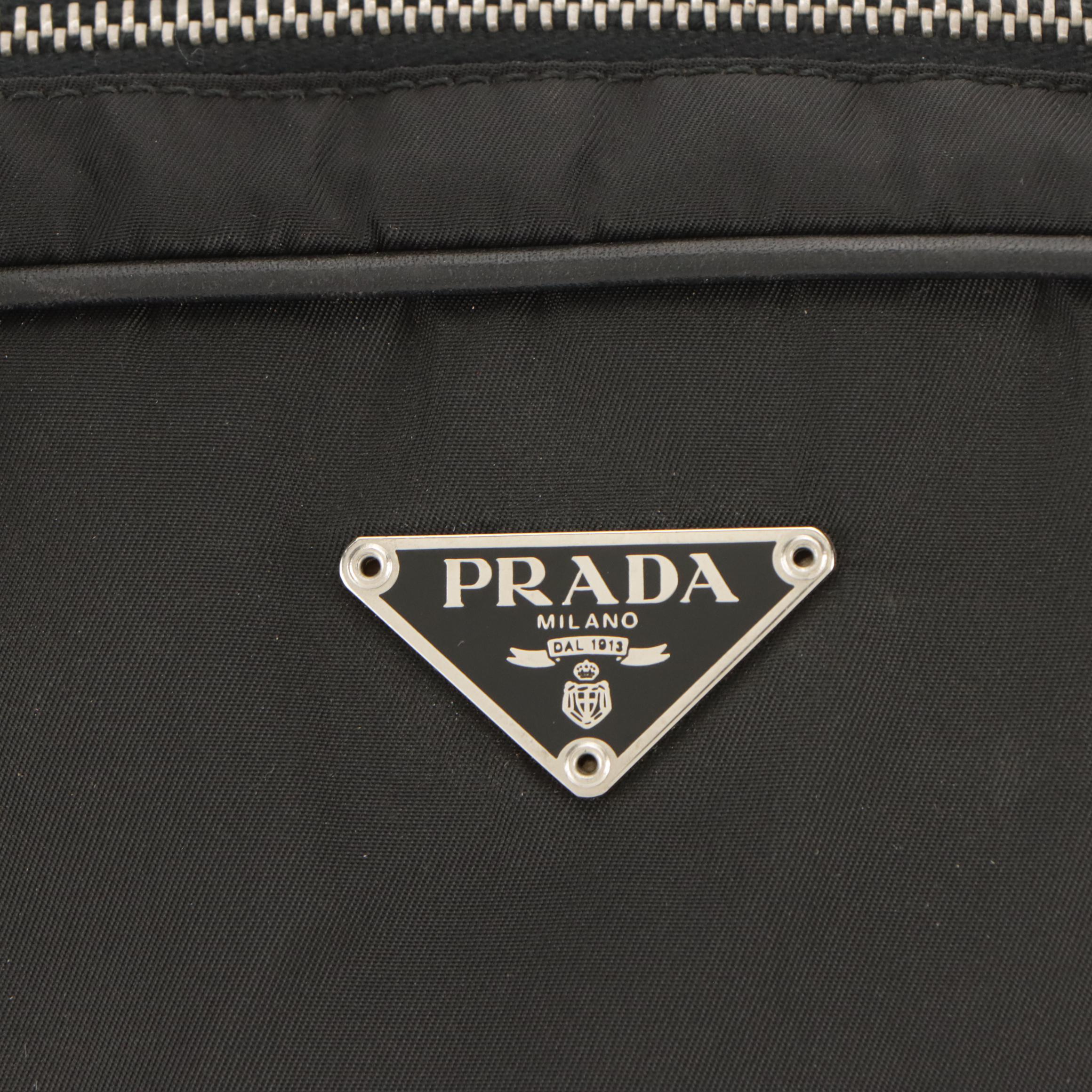 Prada Bowler Shoulder Bag in Black Tessuto Nylon and Black Leather Trim