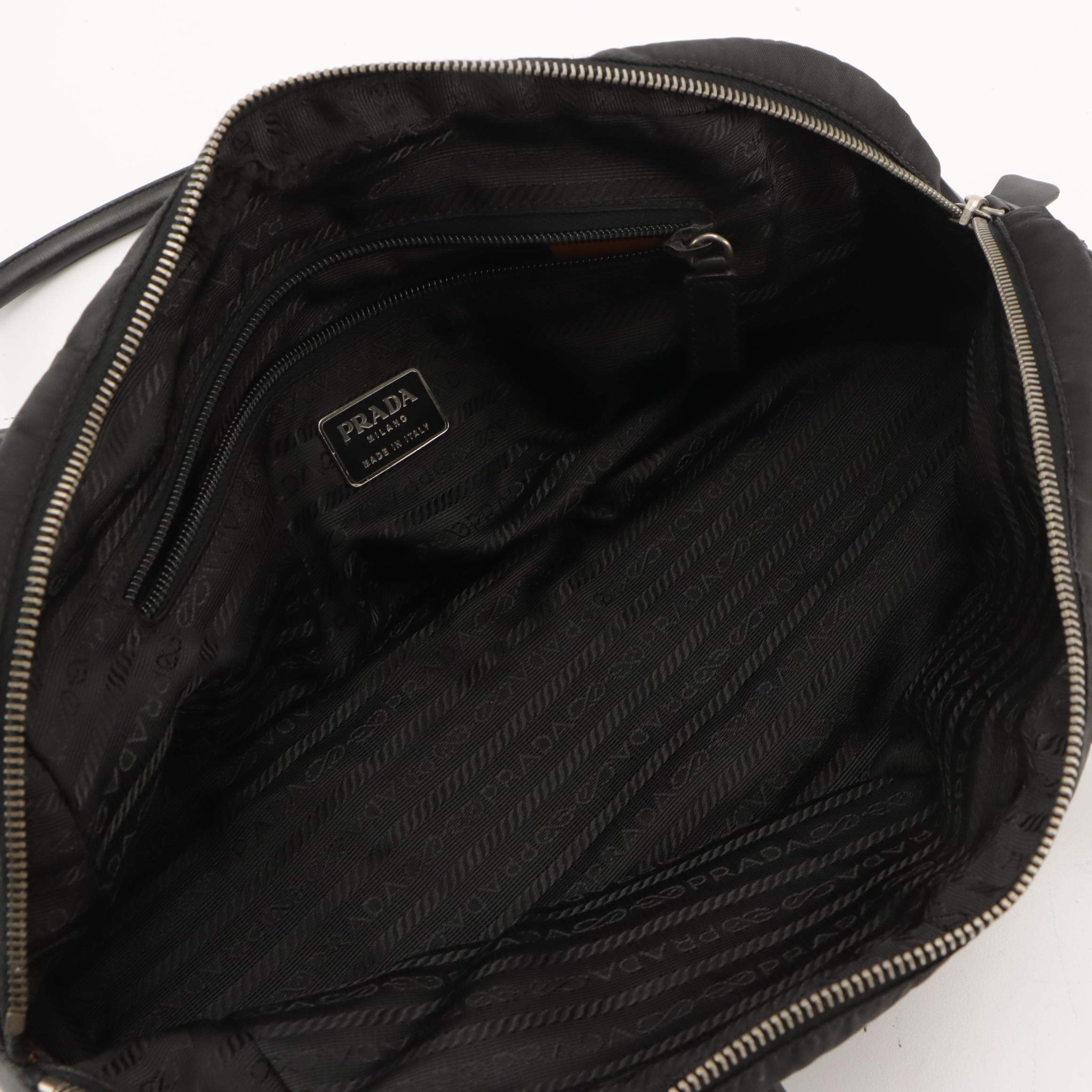 Prada Bowler Shoulder Bag in Black Tessuto Nylon and Black Leather Trim
