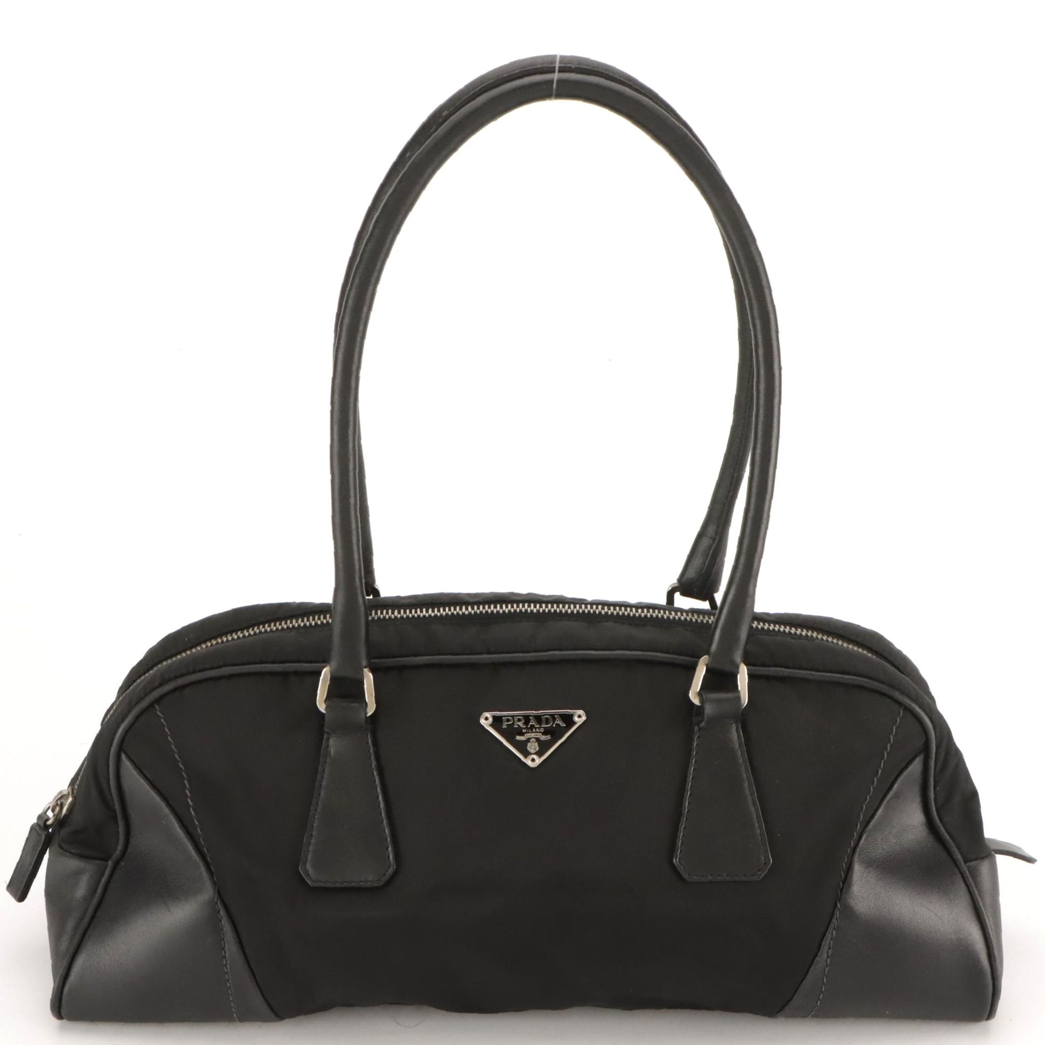 Prada Bowler Shoulder Bag in Black Tessuto Nylon and Black Leather Trim