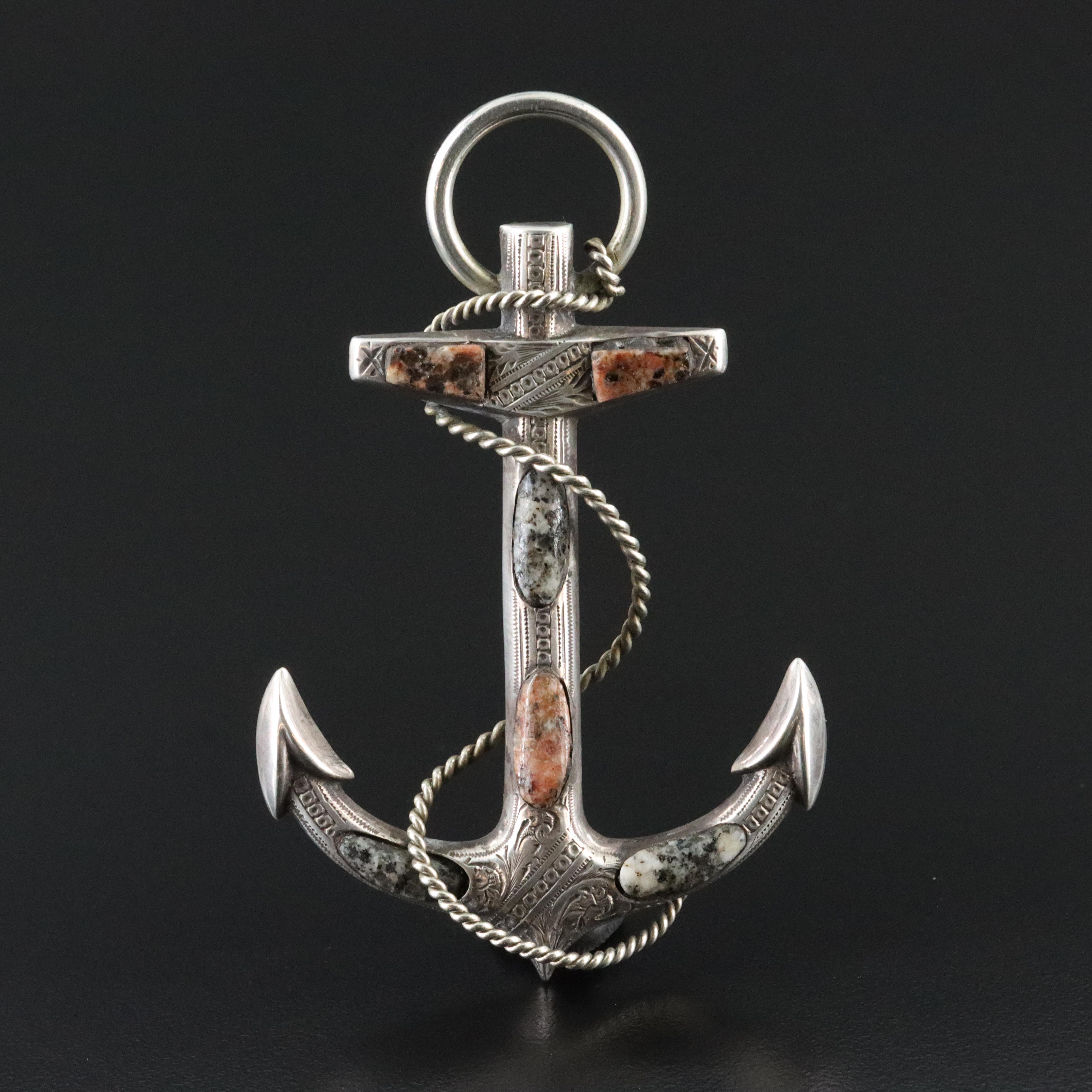 Victorian 900 Silver Jasper Anchor Brooch