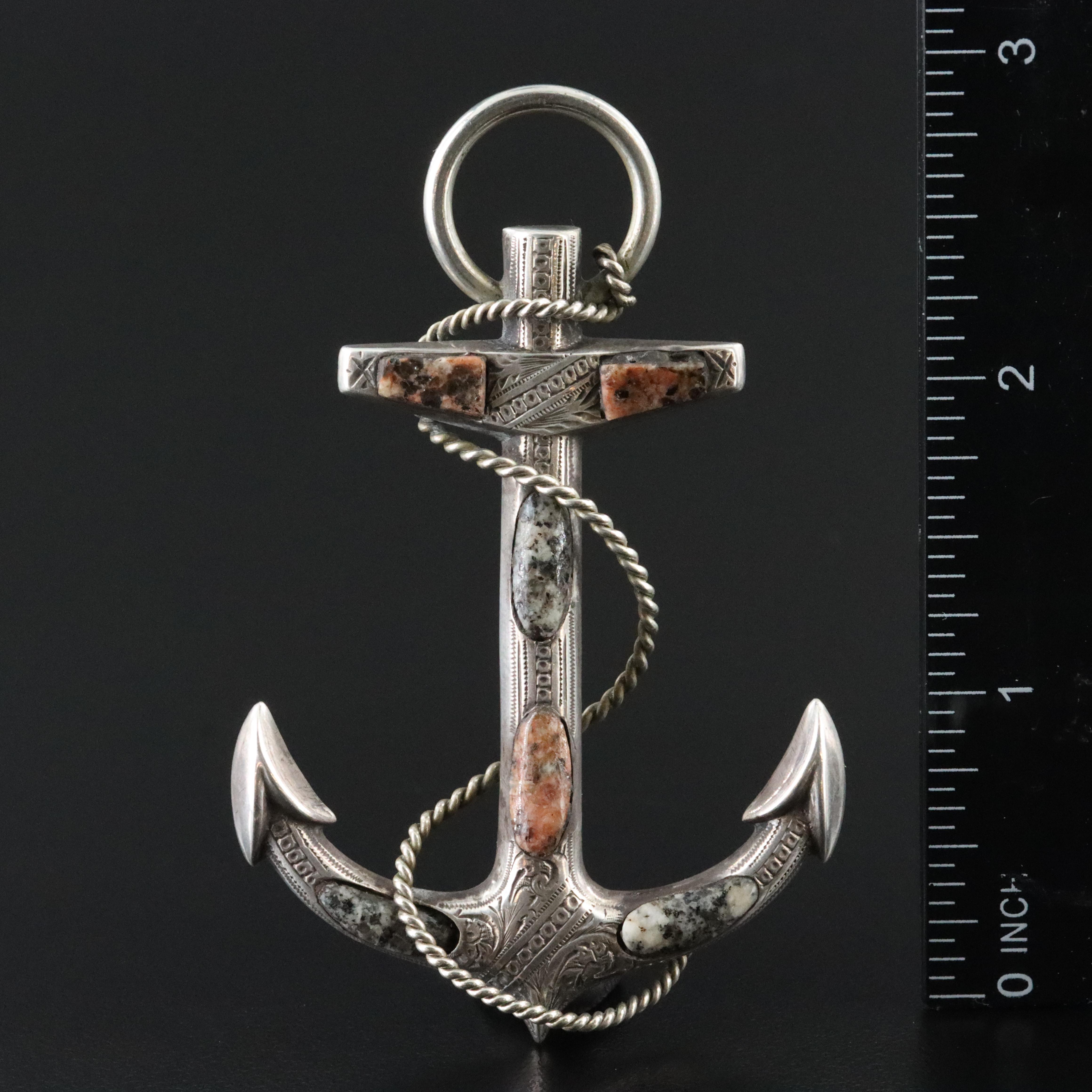 Victorian 900 Silver Jasper Anchor Brooch