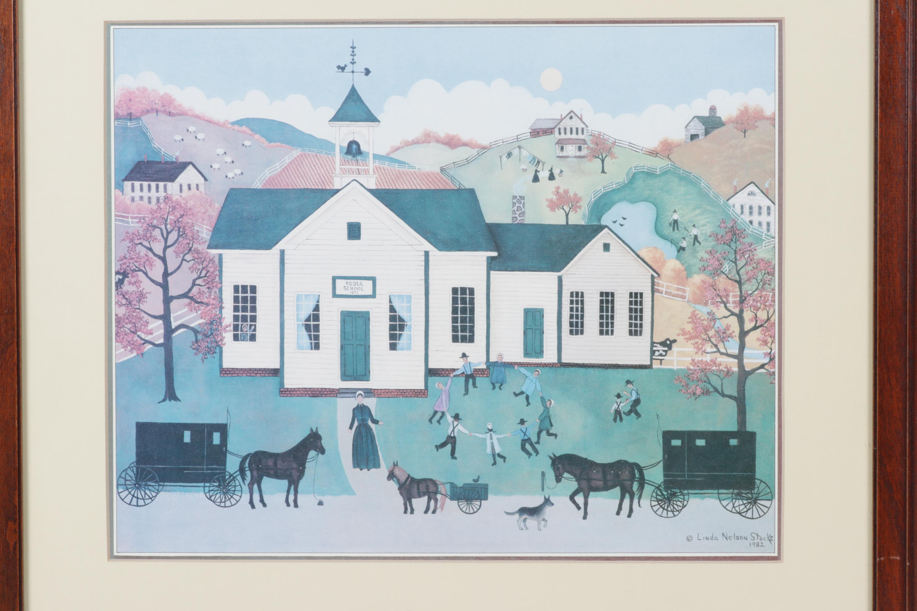 Offset Lithograph of Folk Art Landscape After Linda Nelson Stocks
