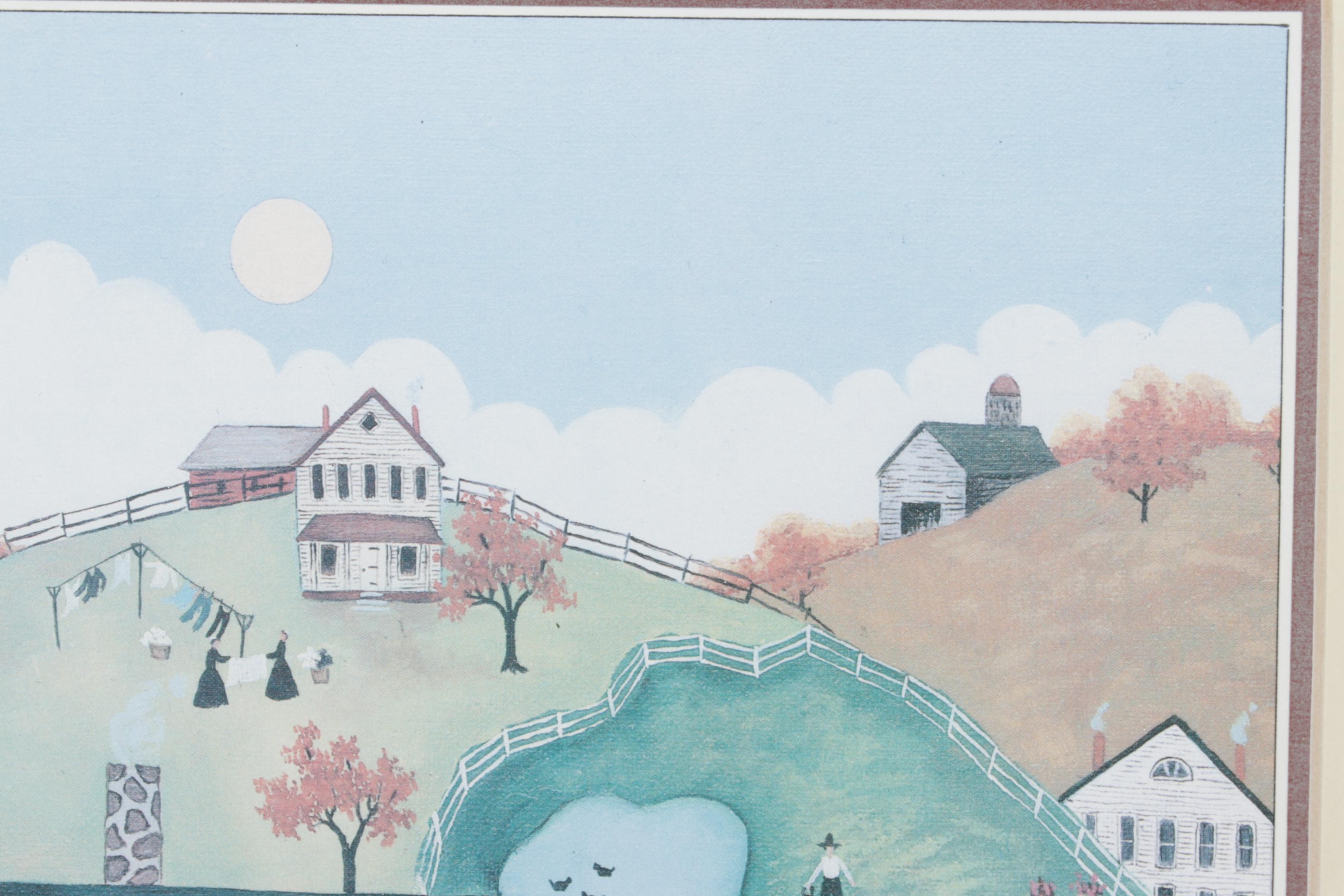 Offset Lithograph of Folk Art Landscape After Linda Nelson Stocks