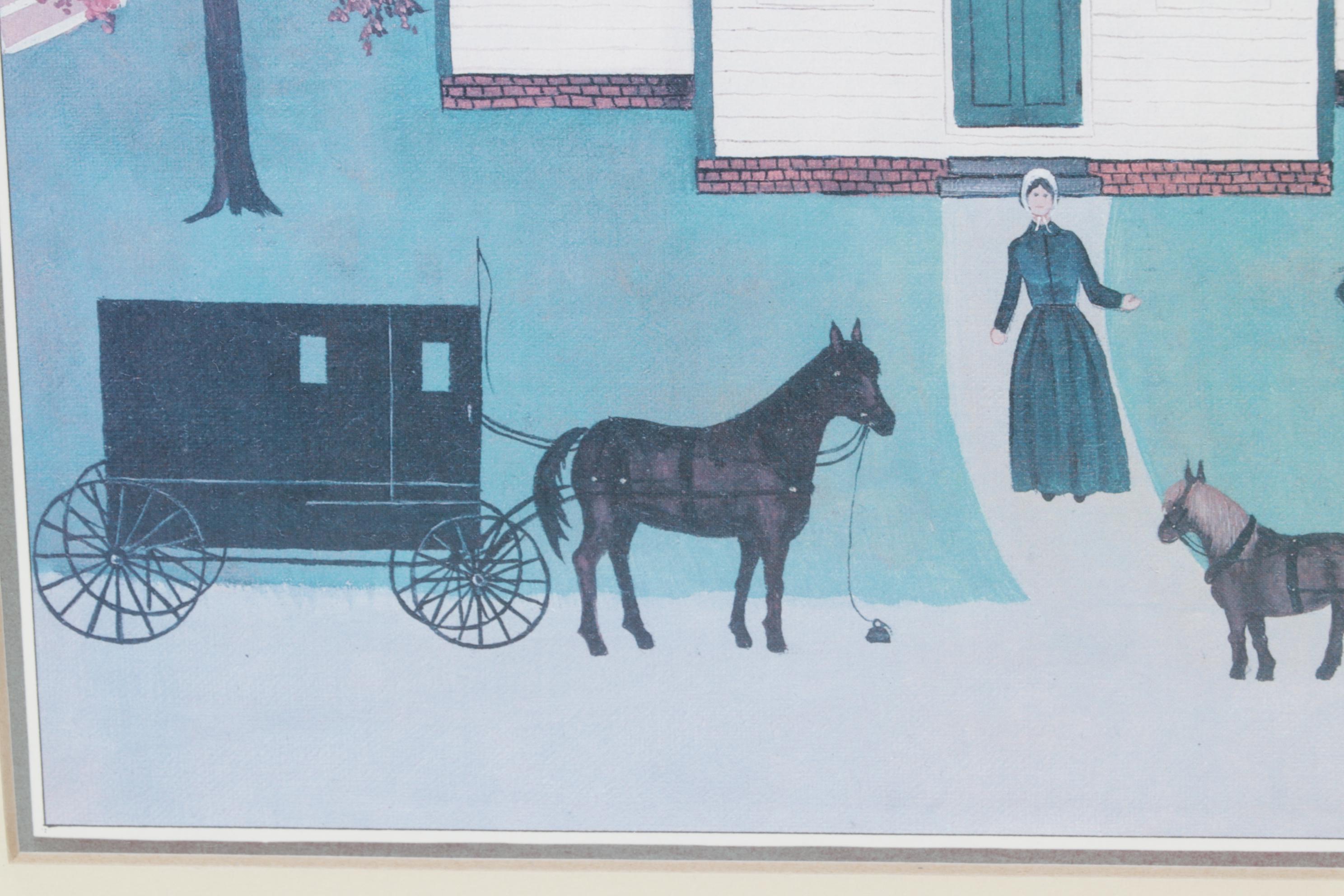 Offset Lithograph of Folk Art Landscape After Linda Nelson Stocks