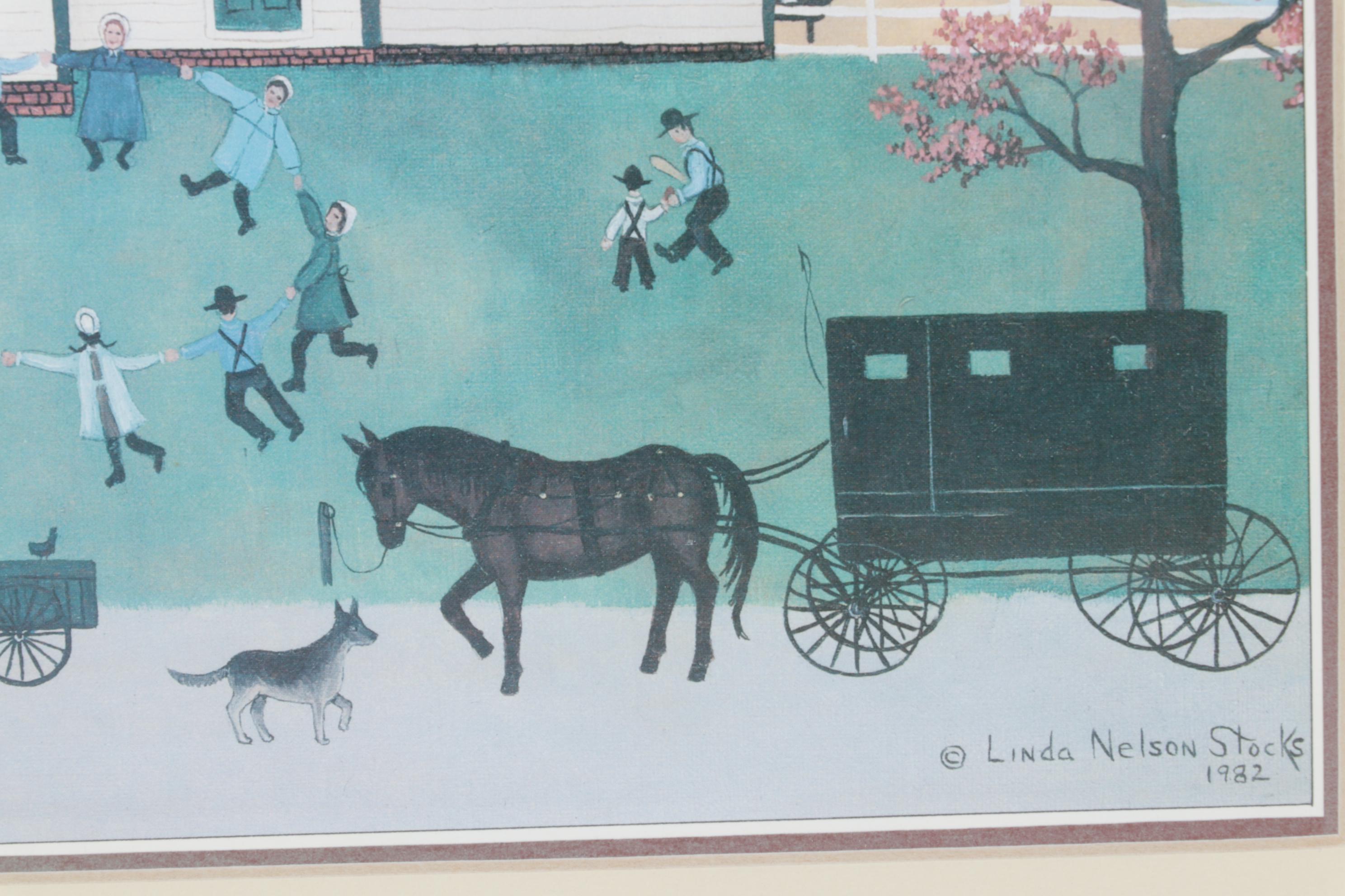 Offset Lithograph of Folk Art Landscape After Linda Nelson Stocks