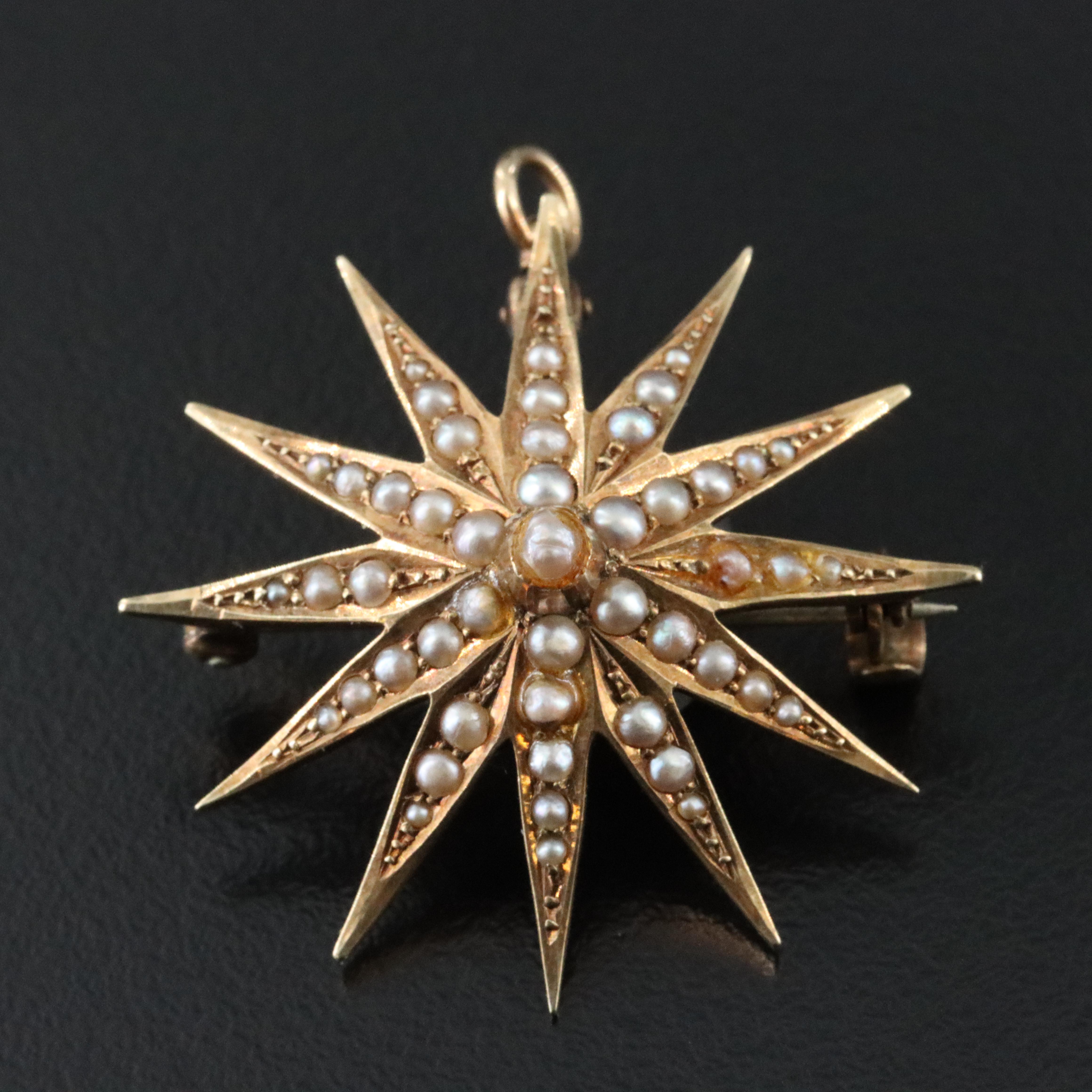 Antique 14K Seed Pearl Starburst Converter Brooch