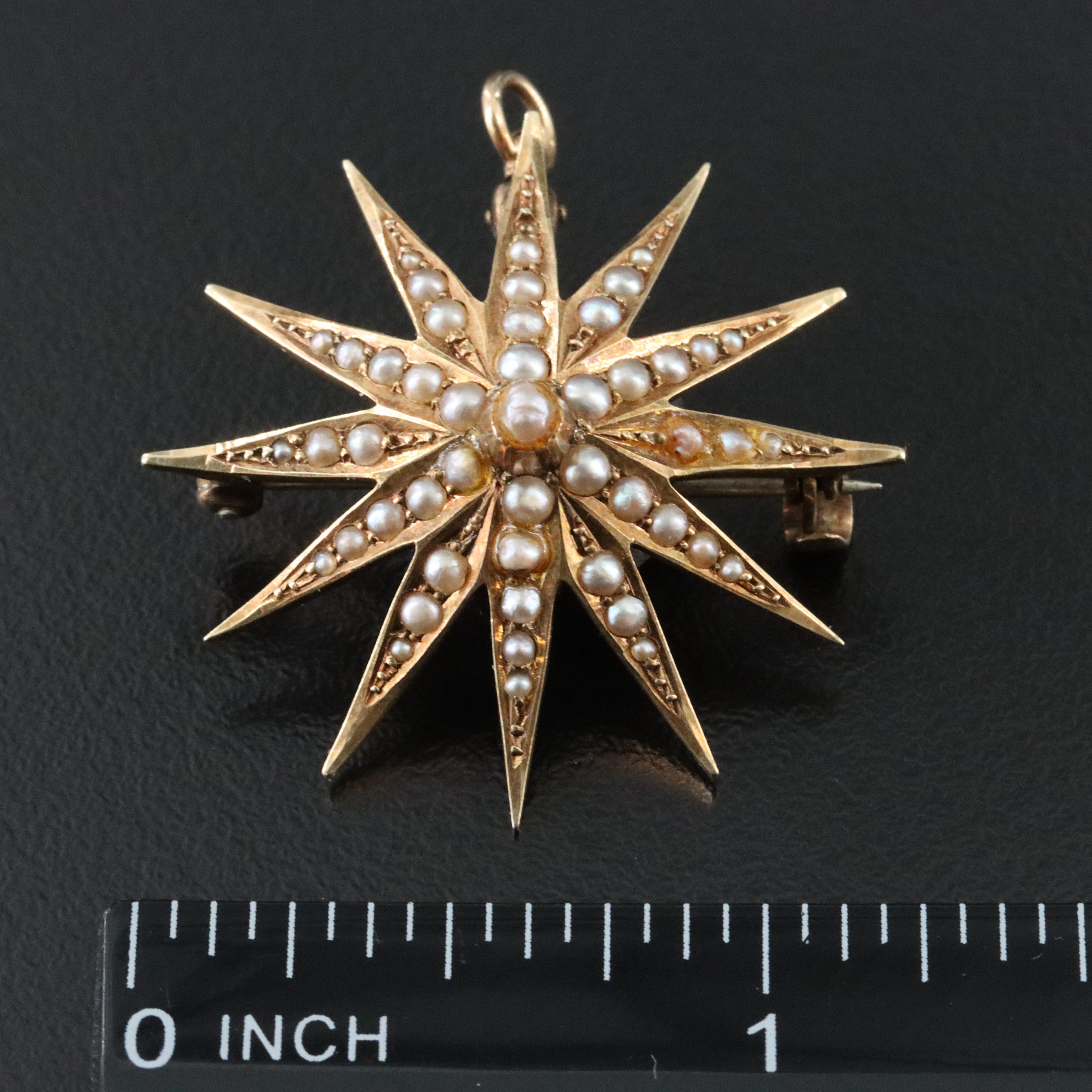Antique 14K Seed Pearl Starburst Converter Brooch