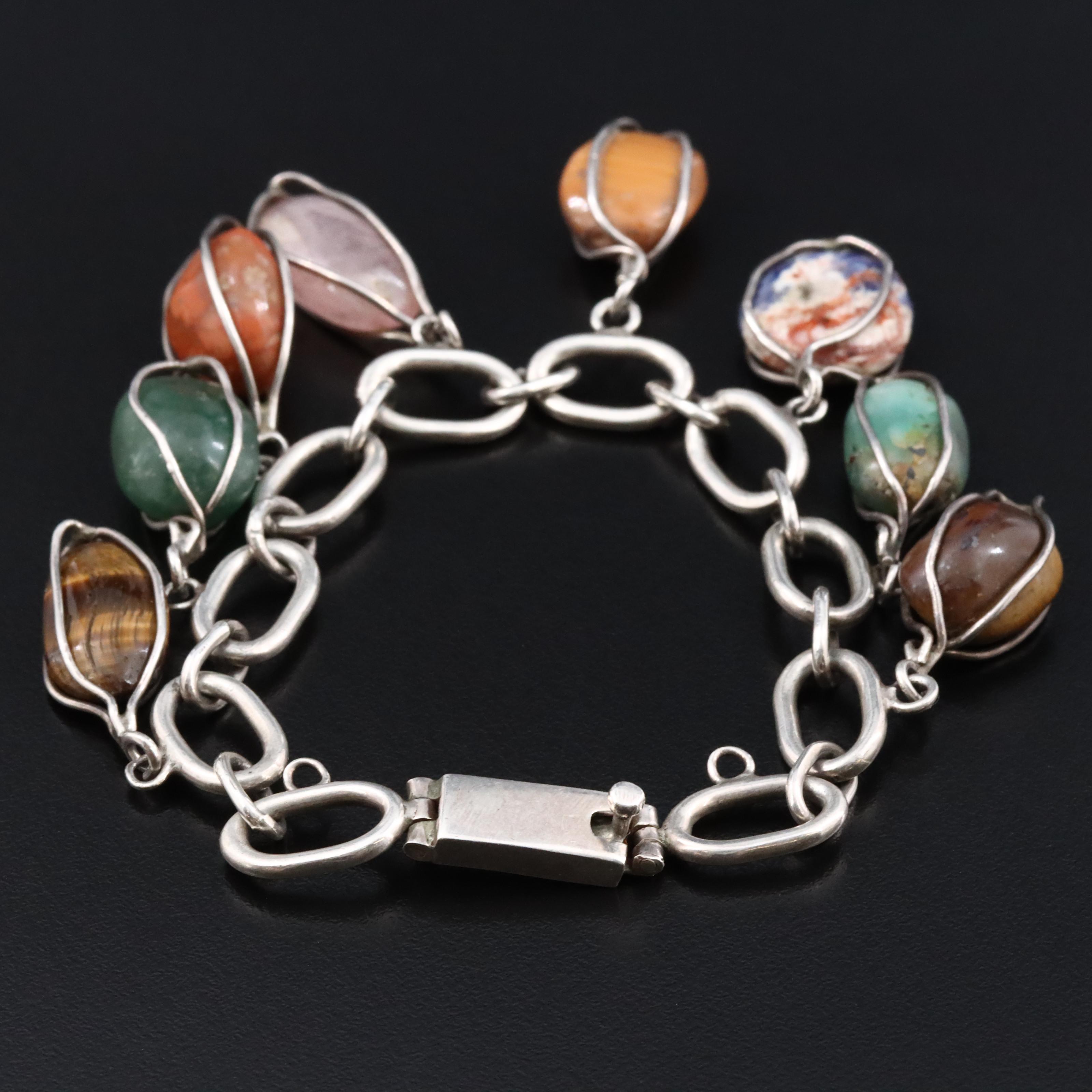 Sterling Gemstone Bracelet Featuring Tiger's Eye, Rose Quartz, Sodalite