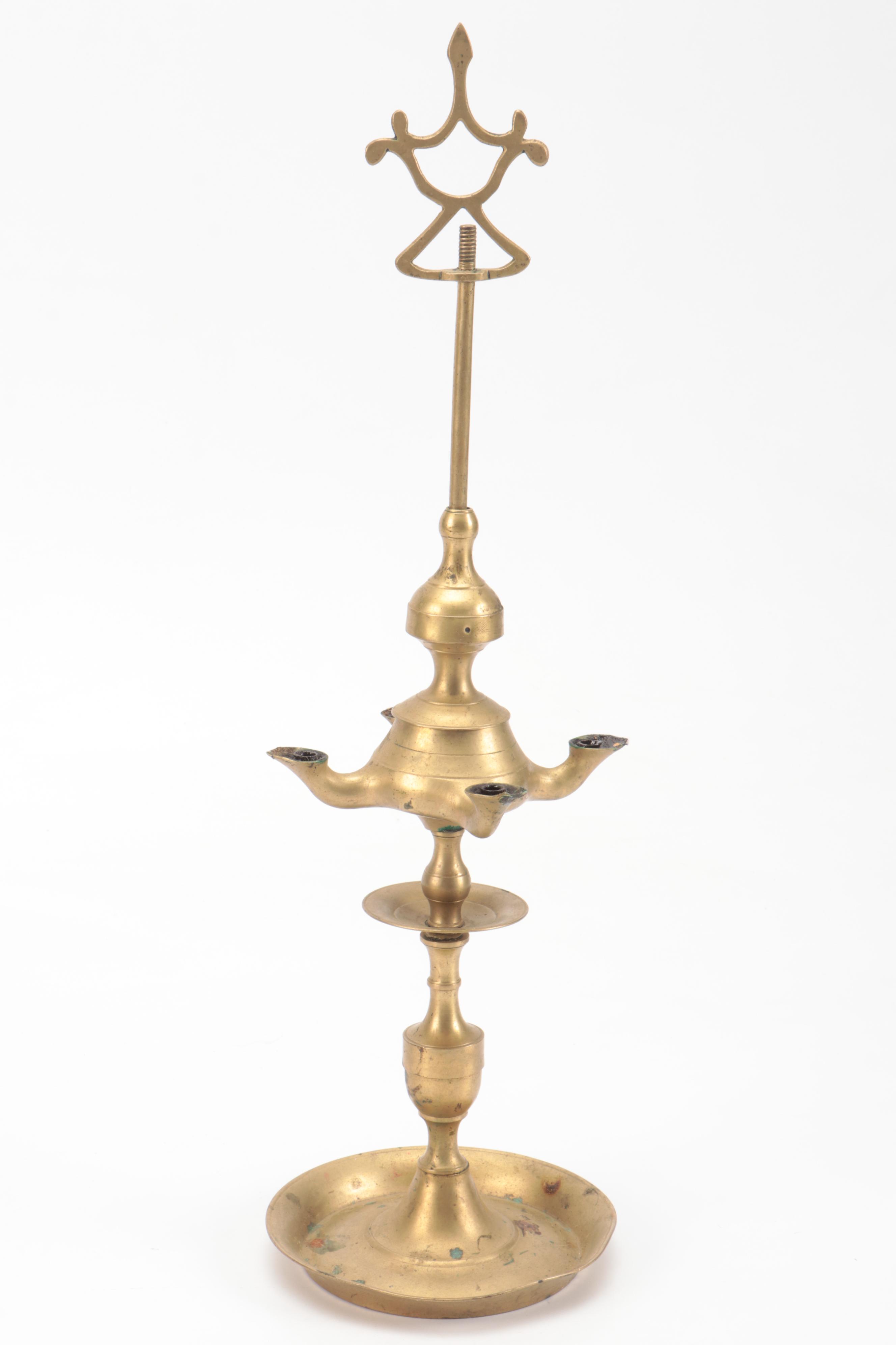 Brass Four-Light Oil Lamp with Drop-Handled Copper Pot