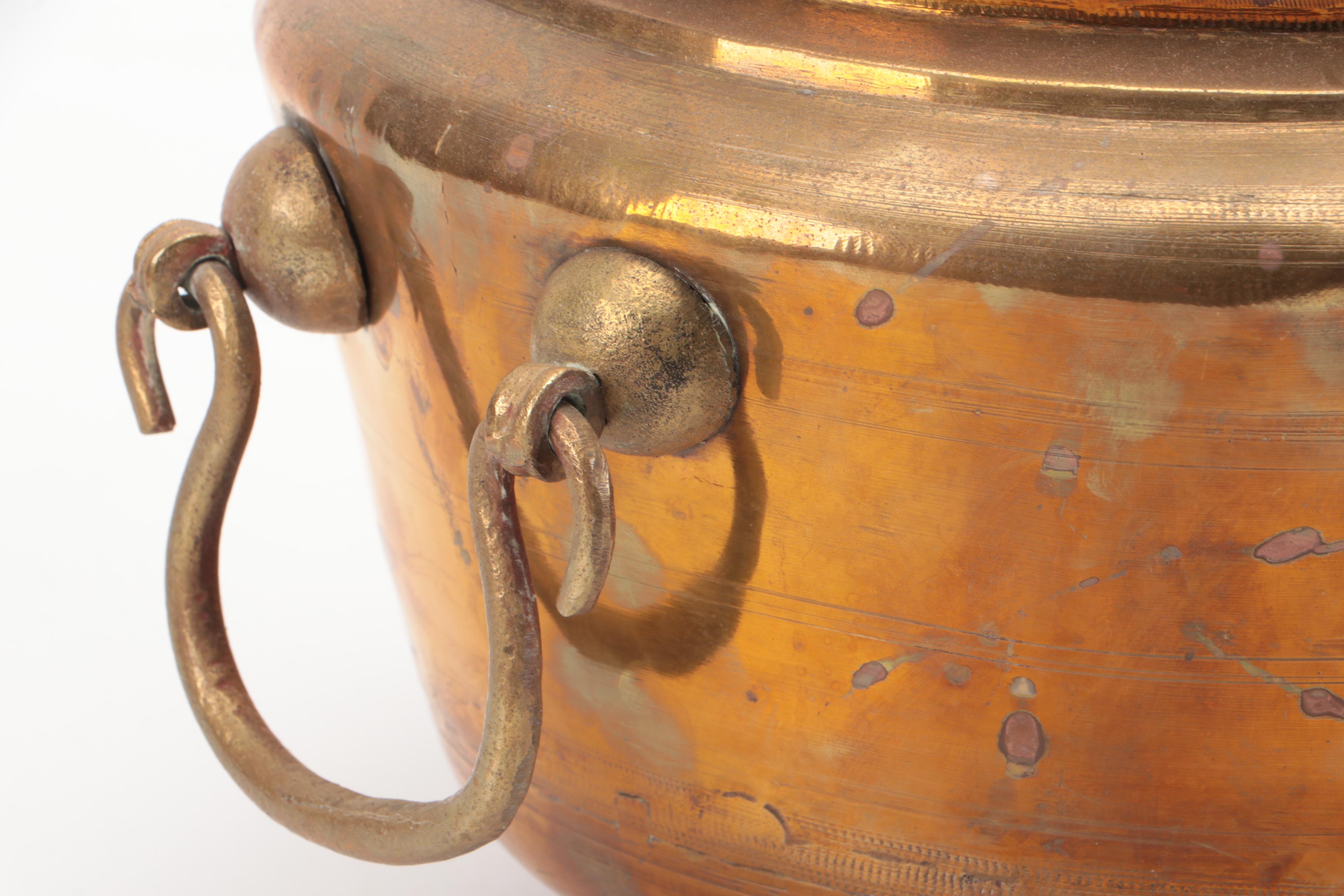 Brass Four-Light Oil Lamp with Drop-Handled Copper Pot