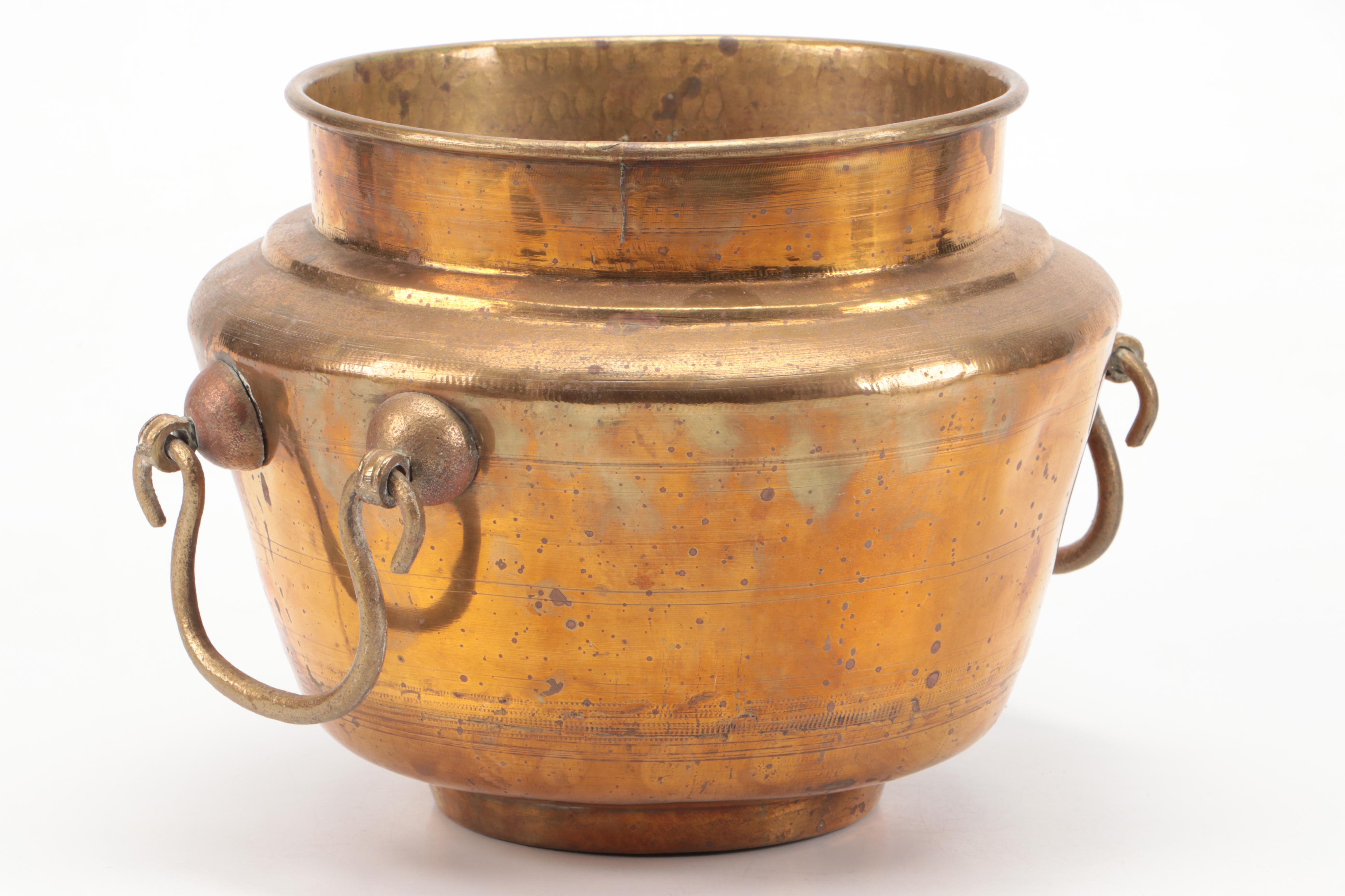 Brass Four-Light Oil Lamp with Drop-Handled Copper Pot