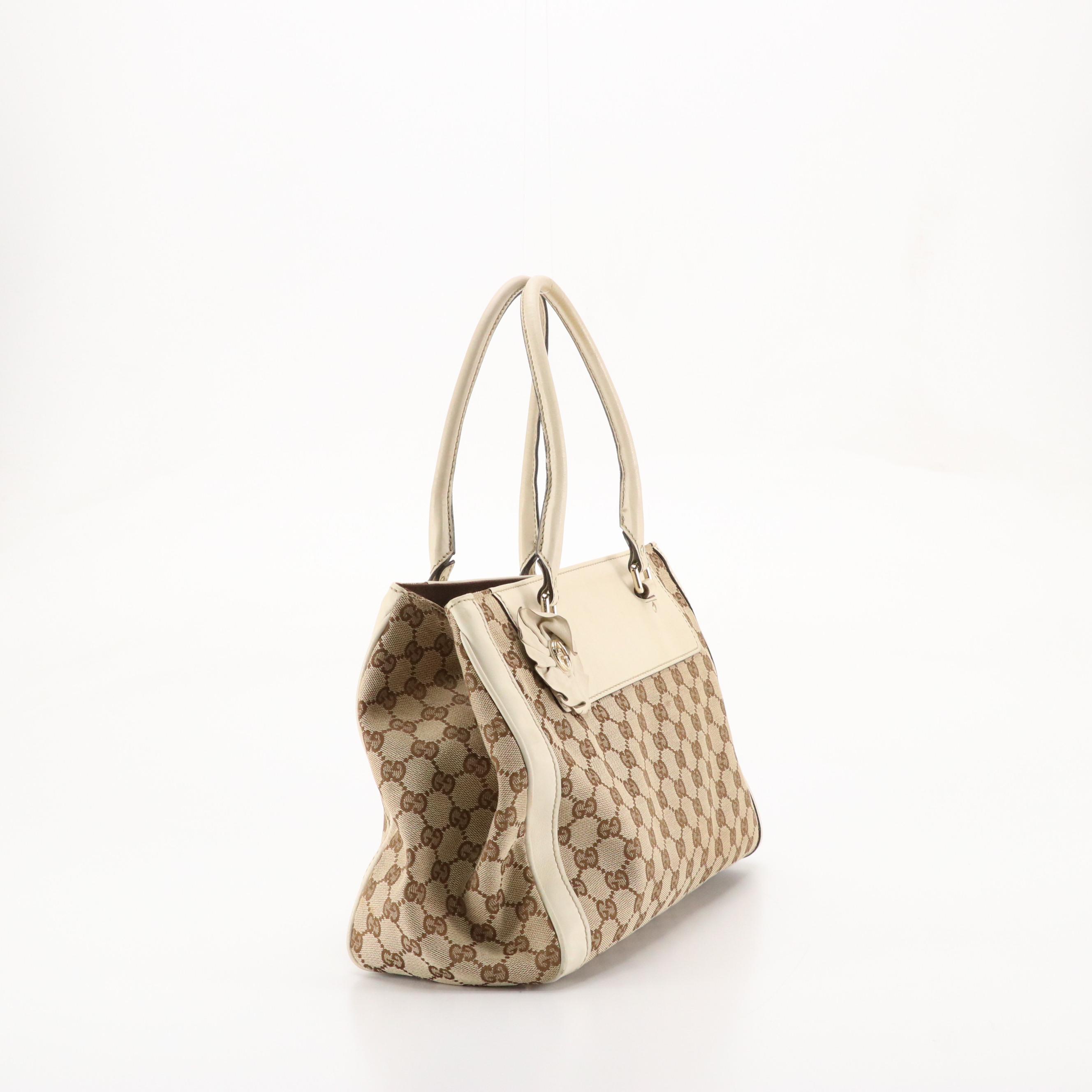 Gucci Trophy Tote in GG Canvas and White Calfskin Leather