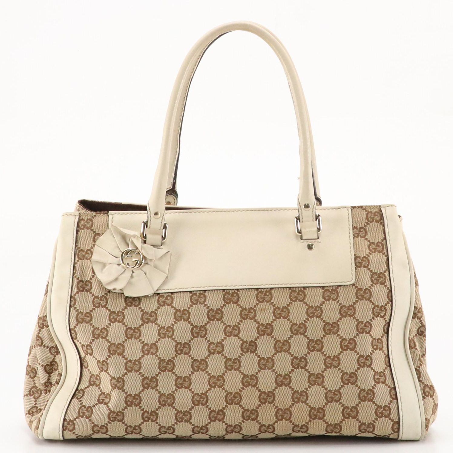 Gucci Trophy Tote in GG Canvas and White Calfskin Leather