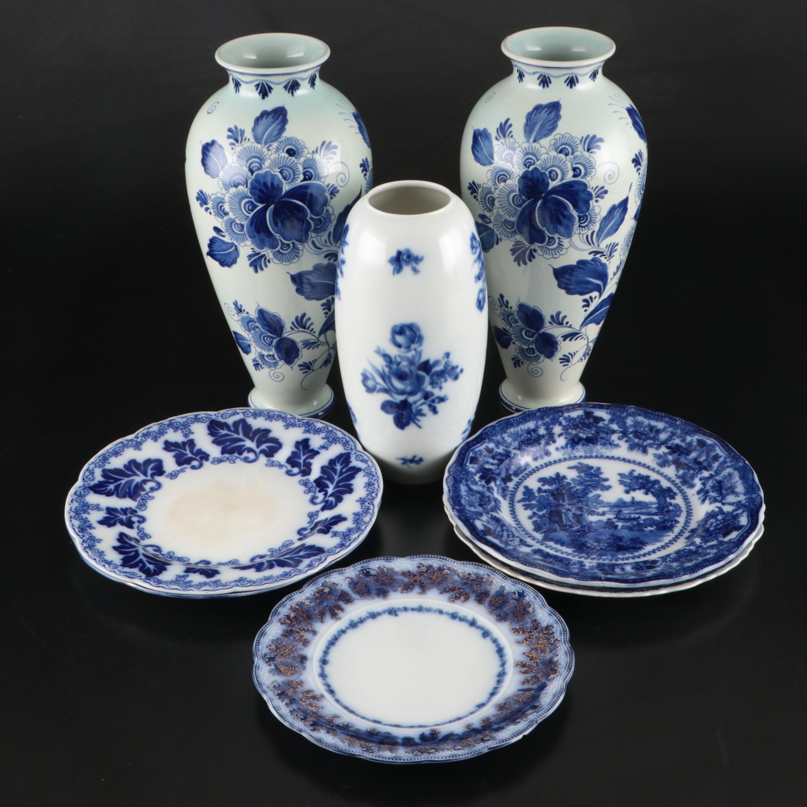 Heinrich & Co. Porcelain and Delft Vases with Flow Blue and Other Plates