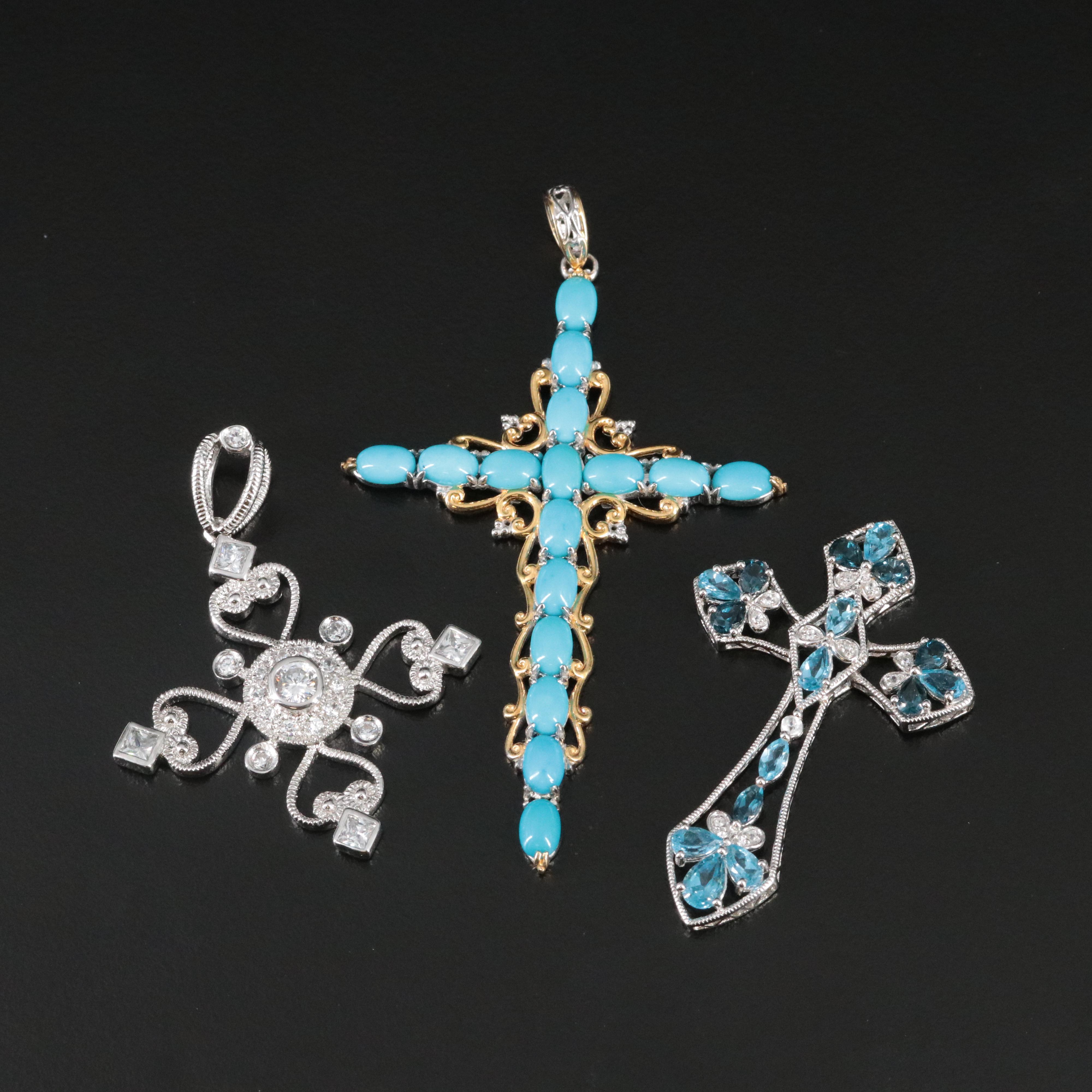 Sterling Cross Pendants with Blue Topaz, CZ and Turquoise