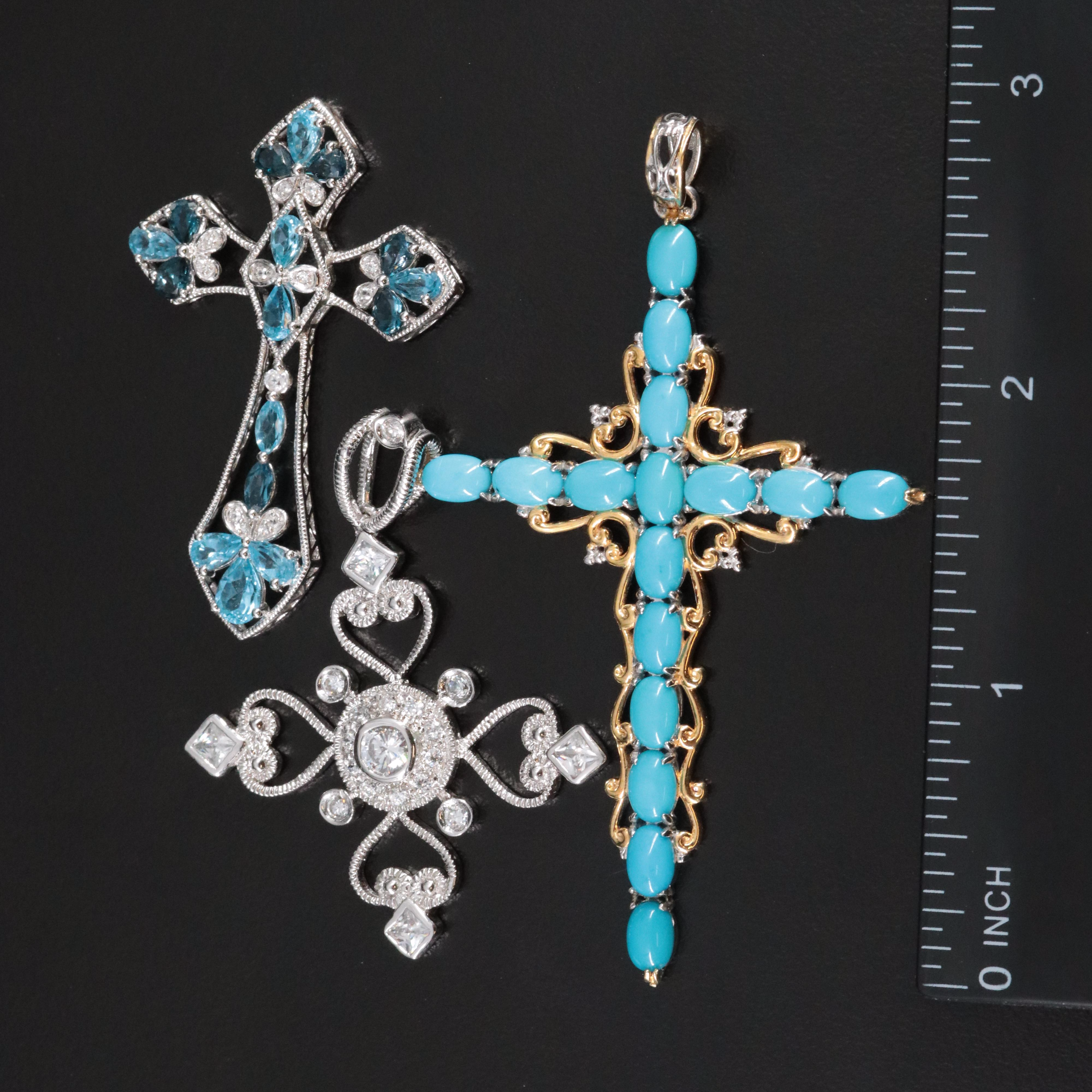 Sterling Cross Pendants with Blue Topaz, CZ and Turquoise