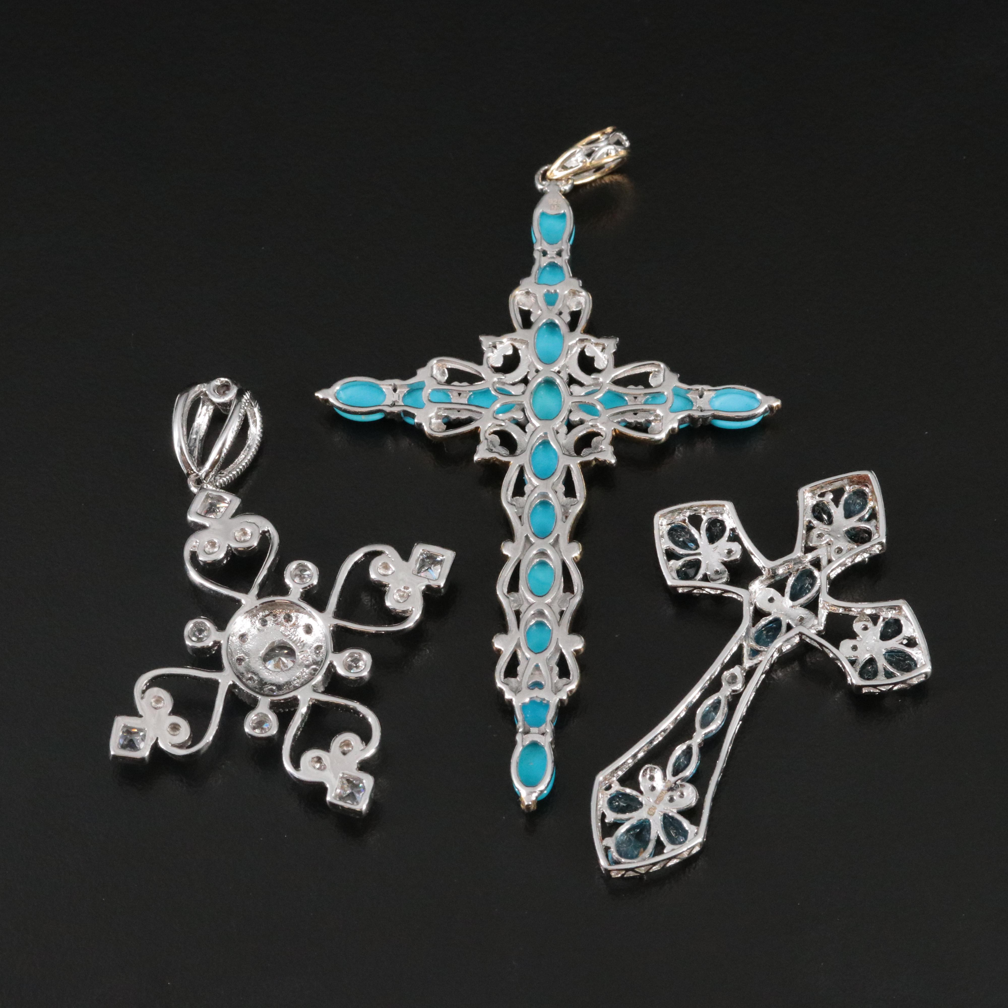 Sterling Cross Pendants with Blue Topaz, CZ and Turquoise